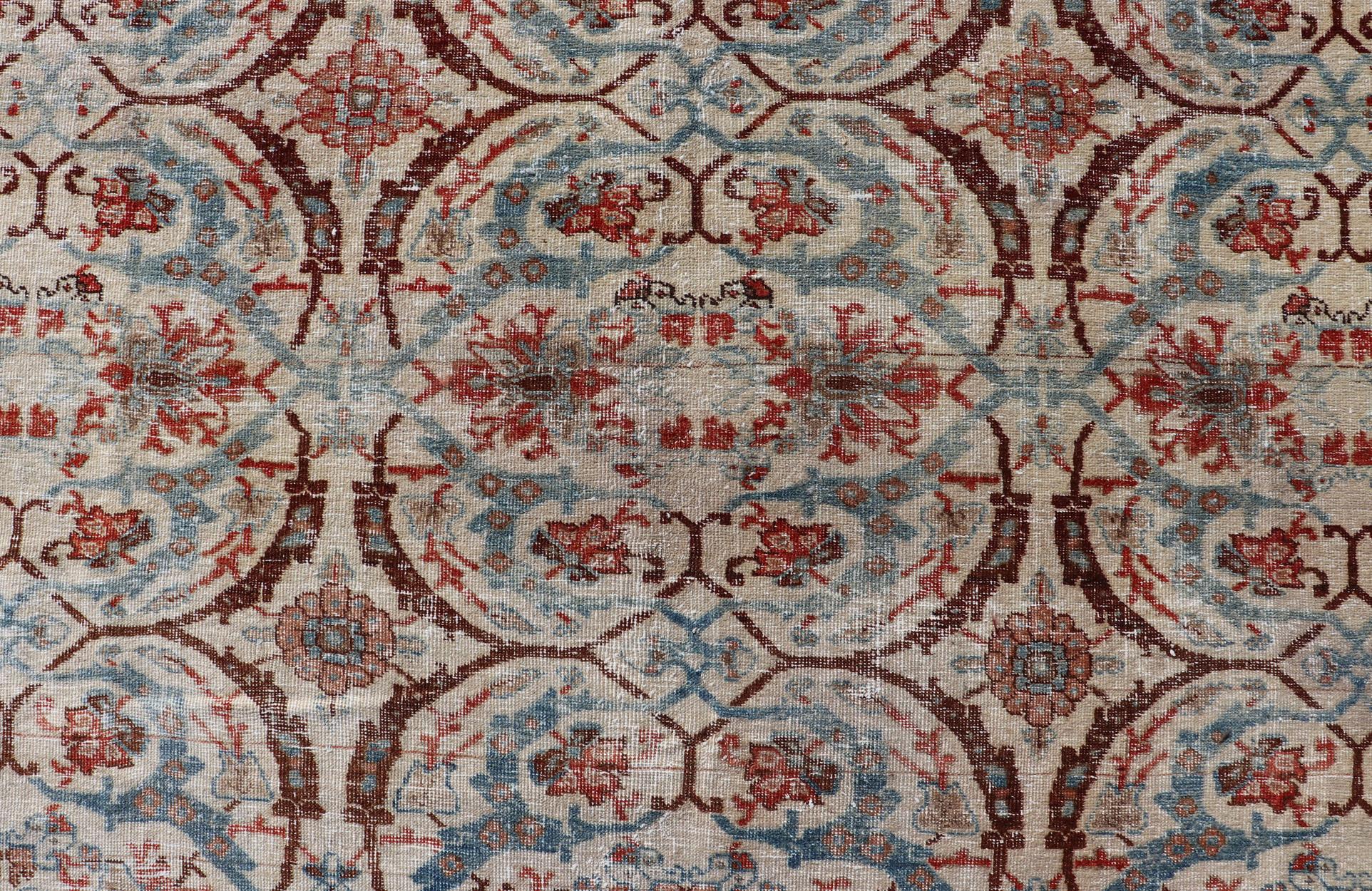 Antique Persian Tabriz Herati Circular Design in Ivory, Lt. Blue, Red, Brown For Sale 10