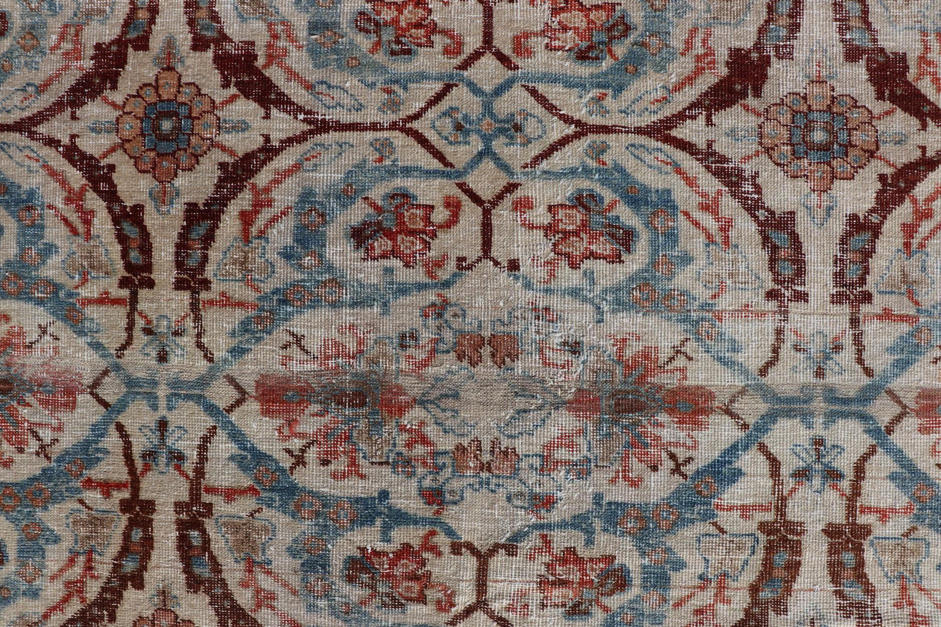 Antique Persian Tabriz Herati Circular Design in Ivory, Lt. Blue, Red, Brown For Sale 11