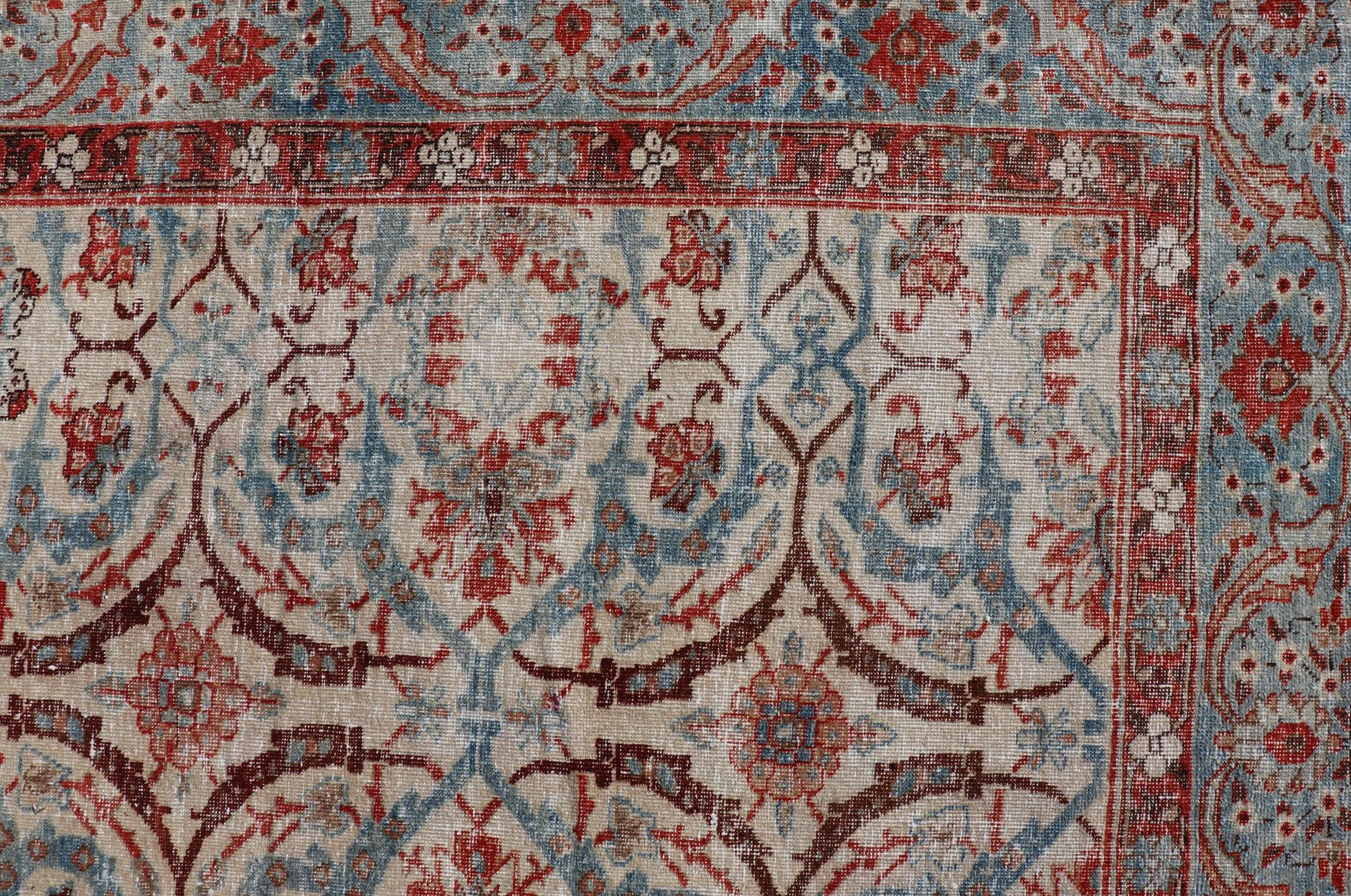 Antique Persian Tabriz Herati Circular Design in Ivory, Lt. Blue, Red, Brown For Sale 14