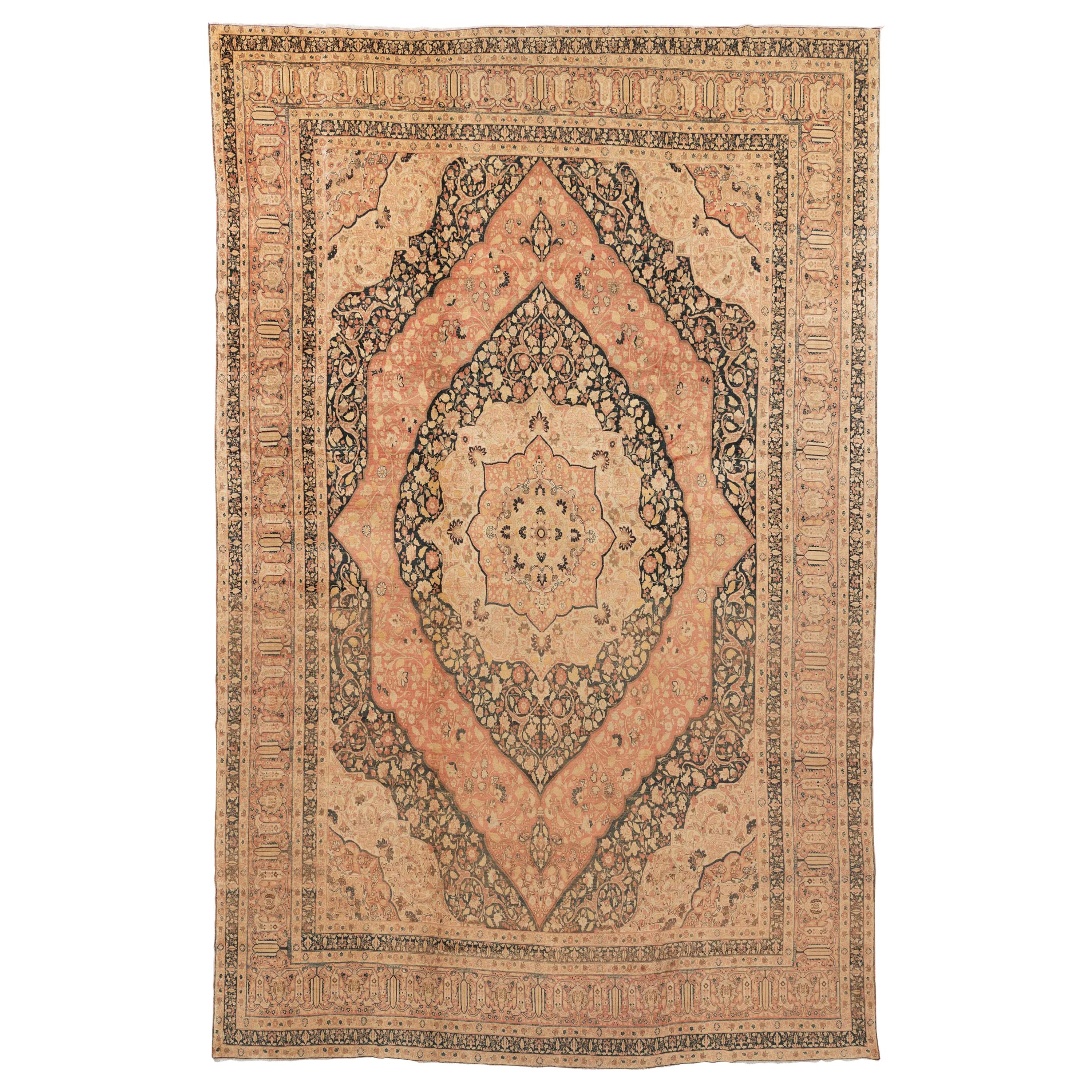 Antique Persian Tabriz Large Rug, Soft Brown and Coral Colors For Sale