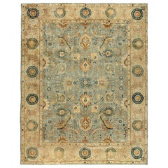 Antique Persian Tabriz Light Blue and Beige Handmade Wool Rug