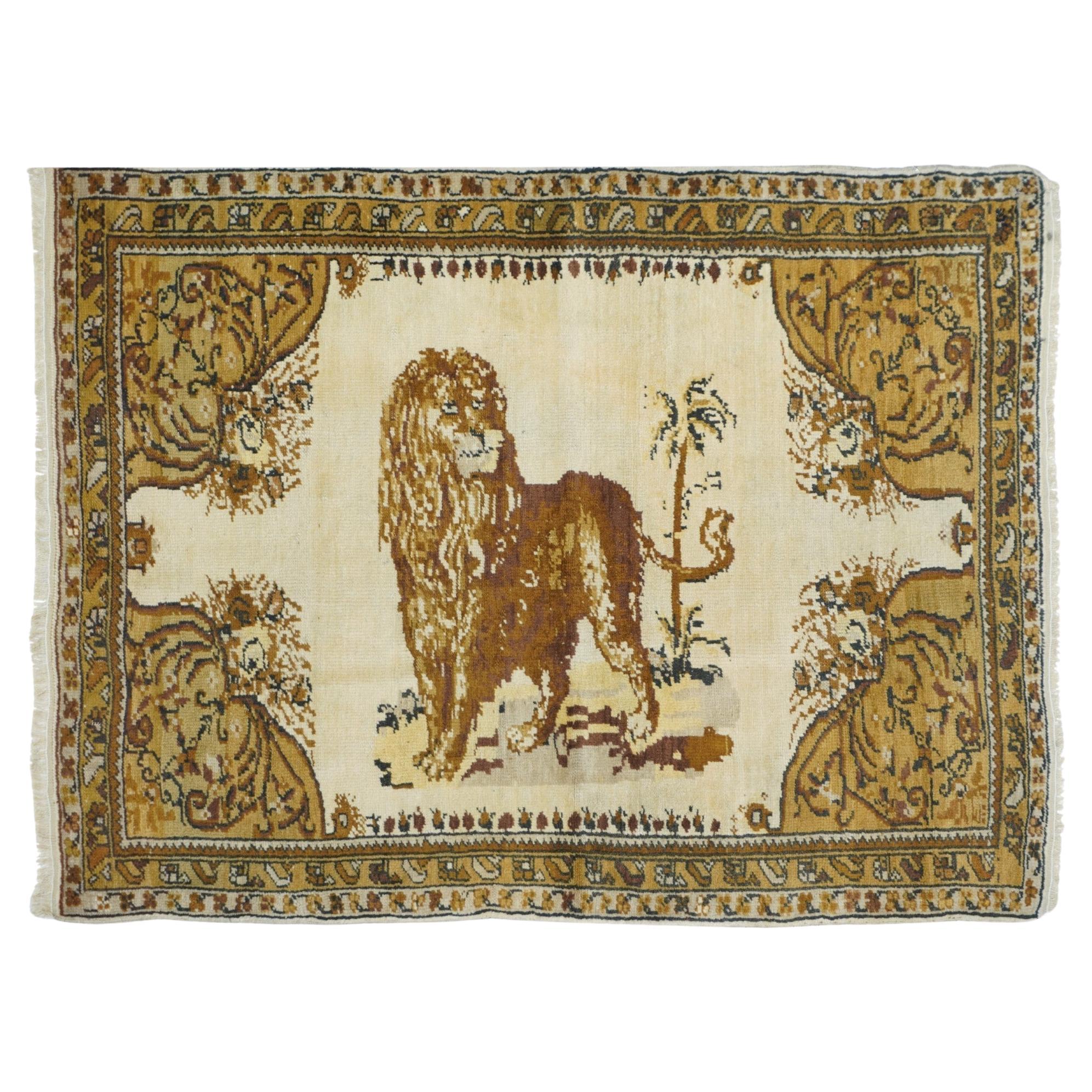 Antique Persian Tabriz Lion Wool  Rug 3'7'' x 4'8''
