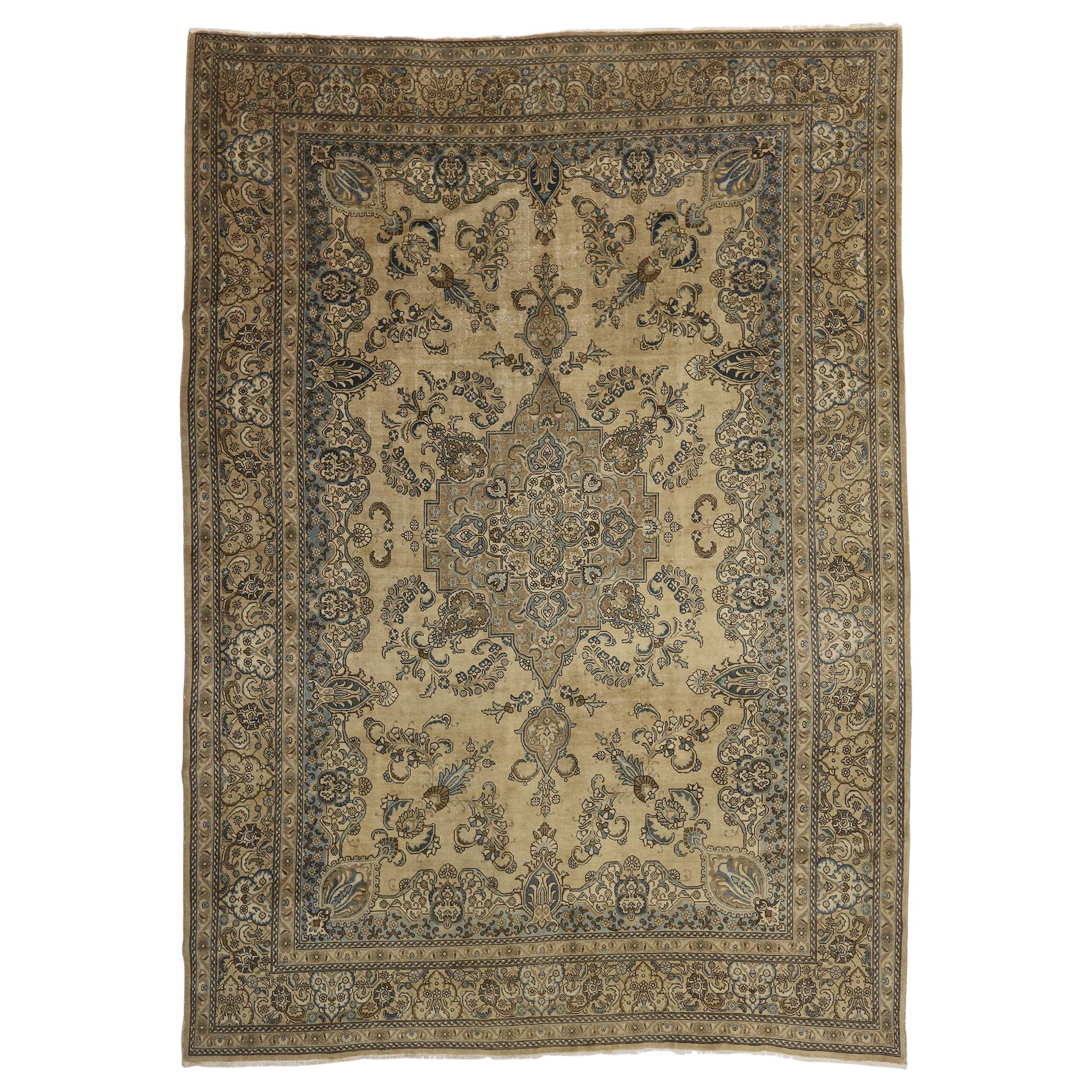 Antique Persian Tabriz Medallion Rug with Traditional Style and Coastal Vibes For Sale