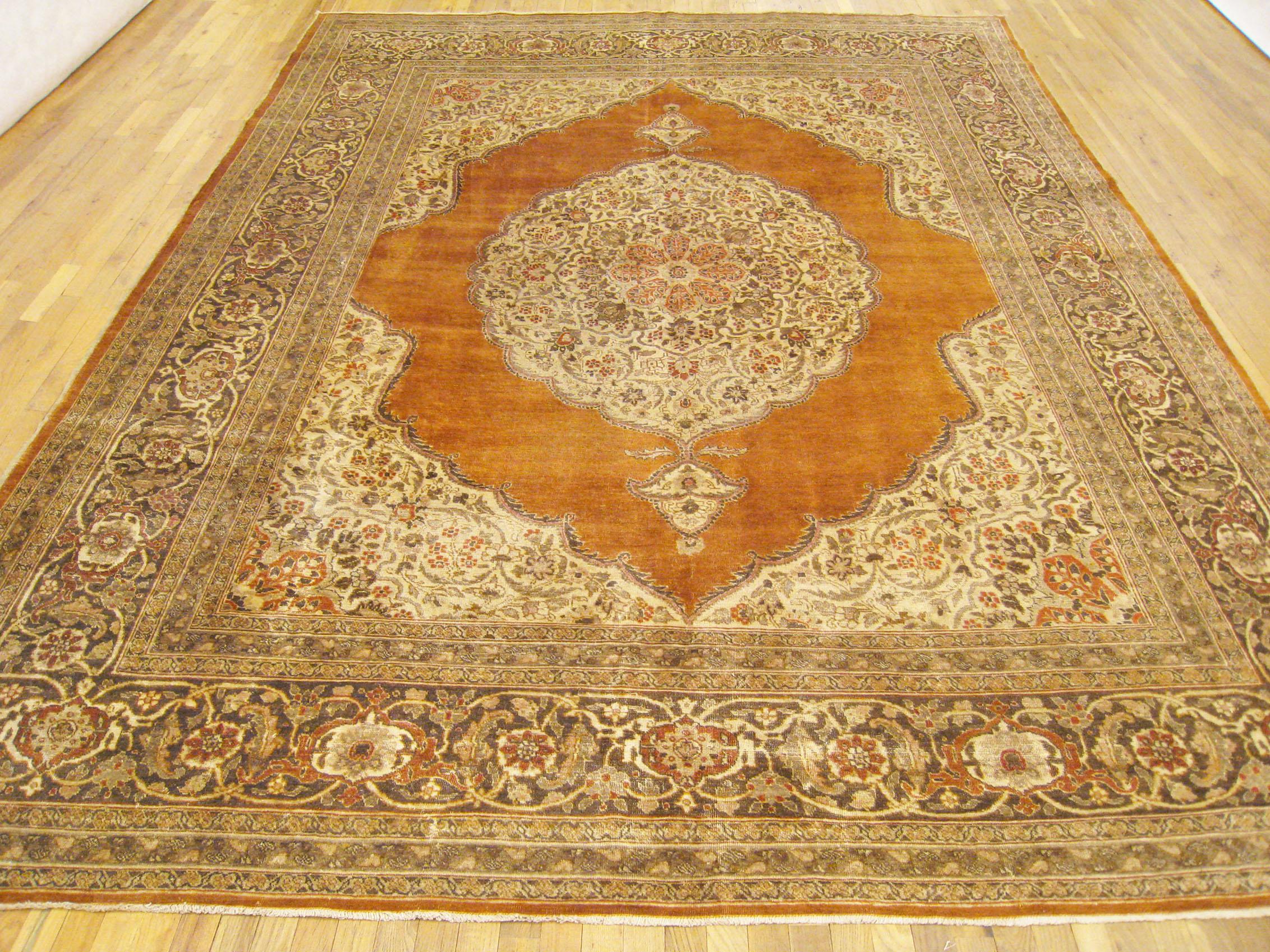 Hand-Knotted Antique Persian Tabriz Oriental Carpet in Room Size with Central Medallion For Sale