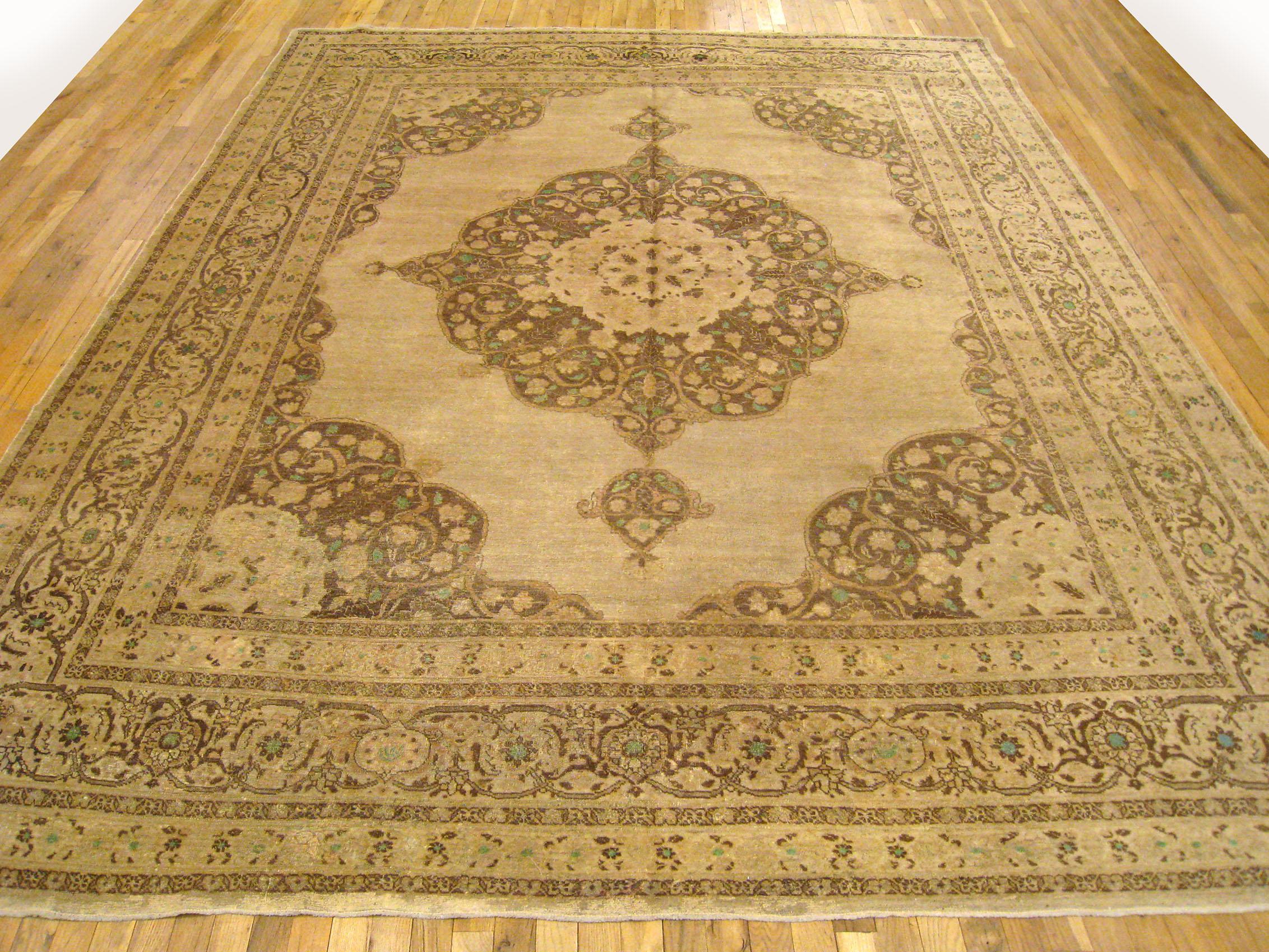 Hand-Knotted Antique Persian Tabriz Oriental Carpet in Room Size with Central Medallion For Sale