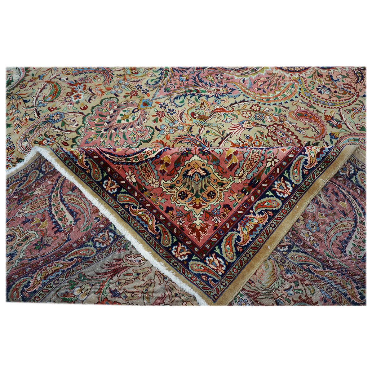 Antiker persischer Täbris-Pahlavi-Teppich in 9x12 in Taupe, Lachs und Marineblau, handgefertigt im Angebot 2