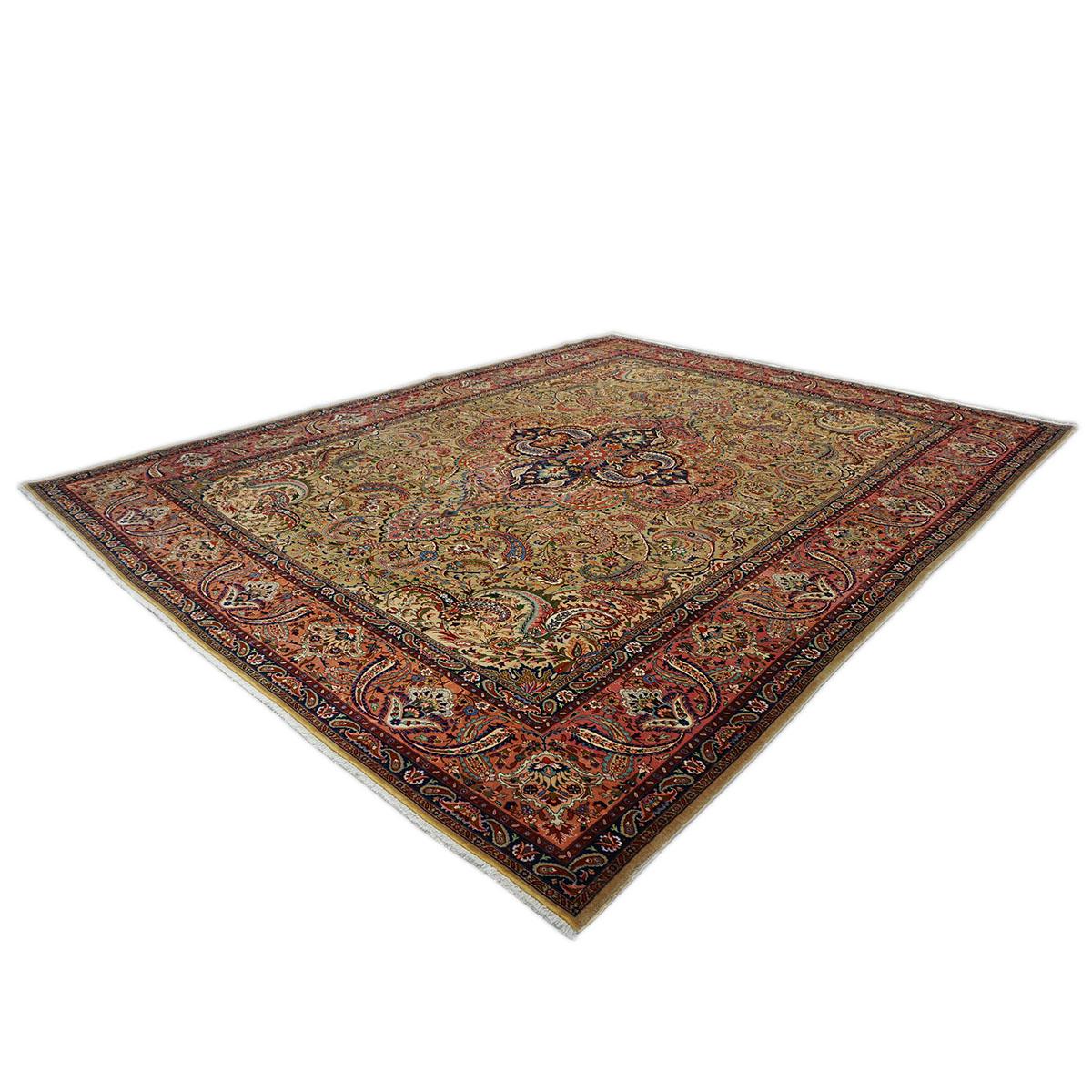 Antique Persian Tabriz Pahlavi 9x12 Taupe, Salmon, & Navy Handmade Area Rug In Good Condition For Sale In Houston, TX