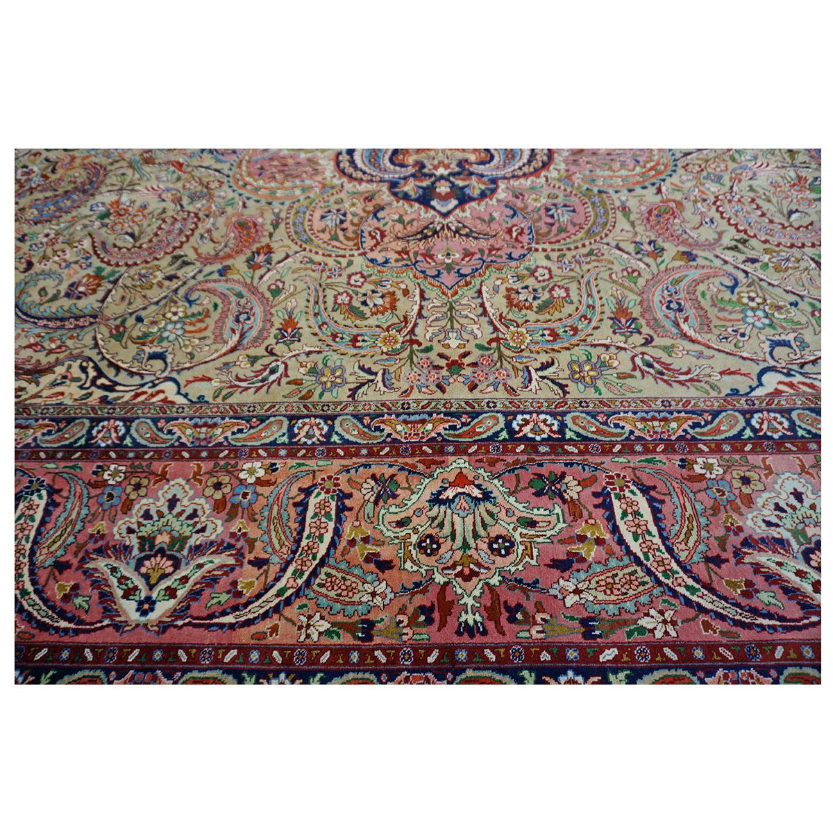 Wool Antique Persian Tabriz Pahlavi 9x12 Taupe, Salmon, & Navy Handmade Area Rug For Sale