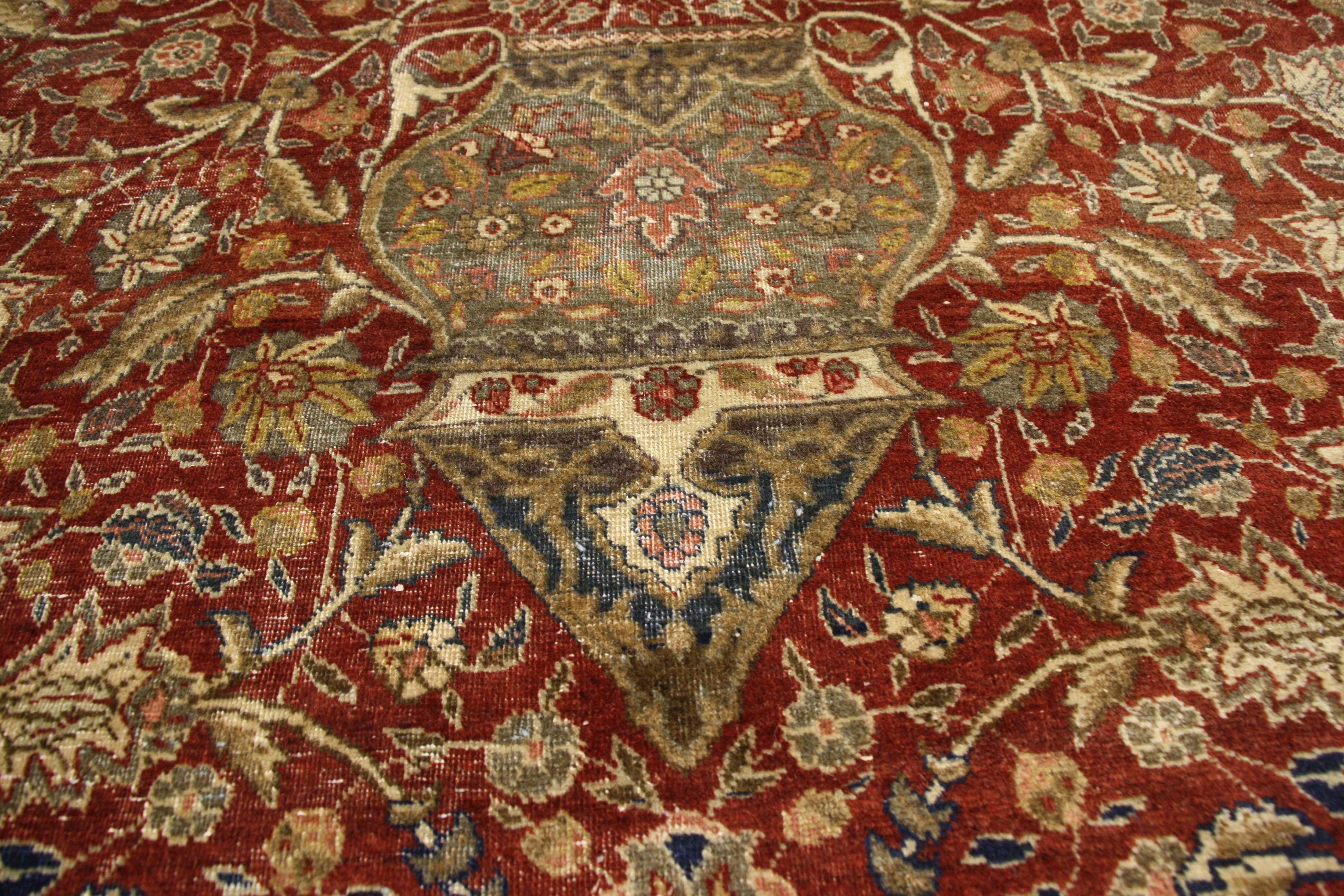 77178, antique Persian Tabriz palace size rug with The Ardabil carpet design. Inspired from the Ardabil carpet from the Safavid dynasty. This hand-knotted wool antique Persian Tabriz palace size rug features a creamy-beige circular 16-point centre