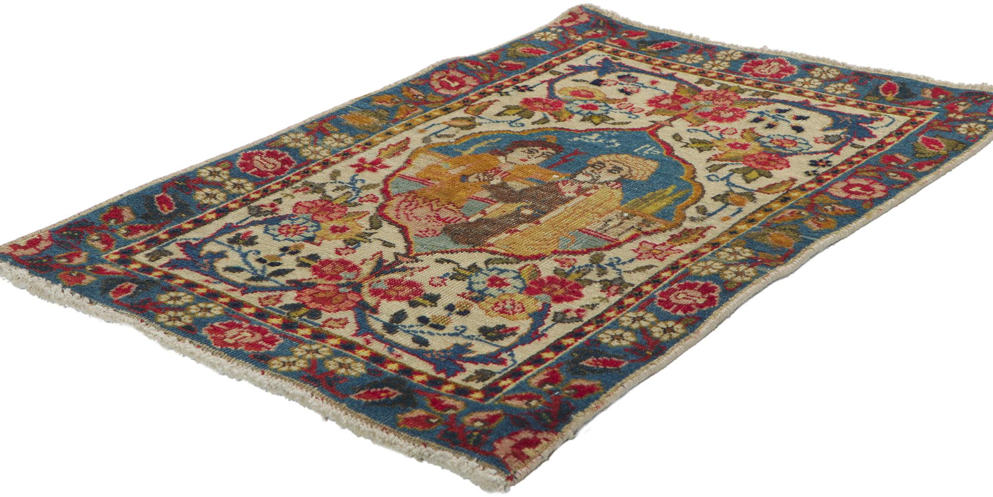 61064 Antique Persian Tabriz Pictorial rug, 01'08 x 02'06.