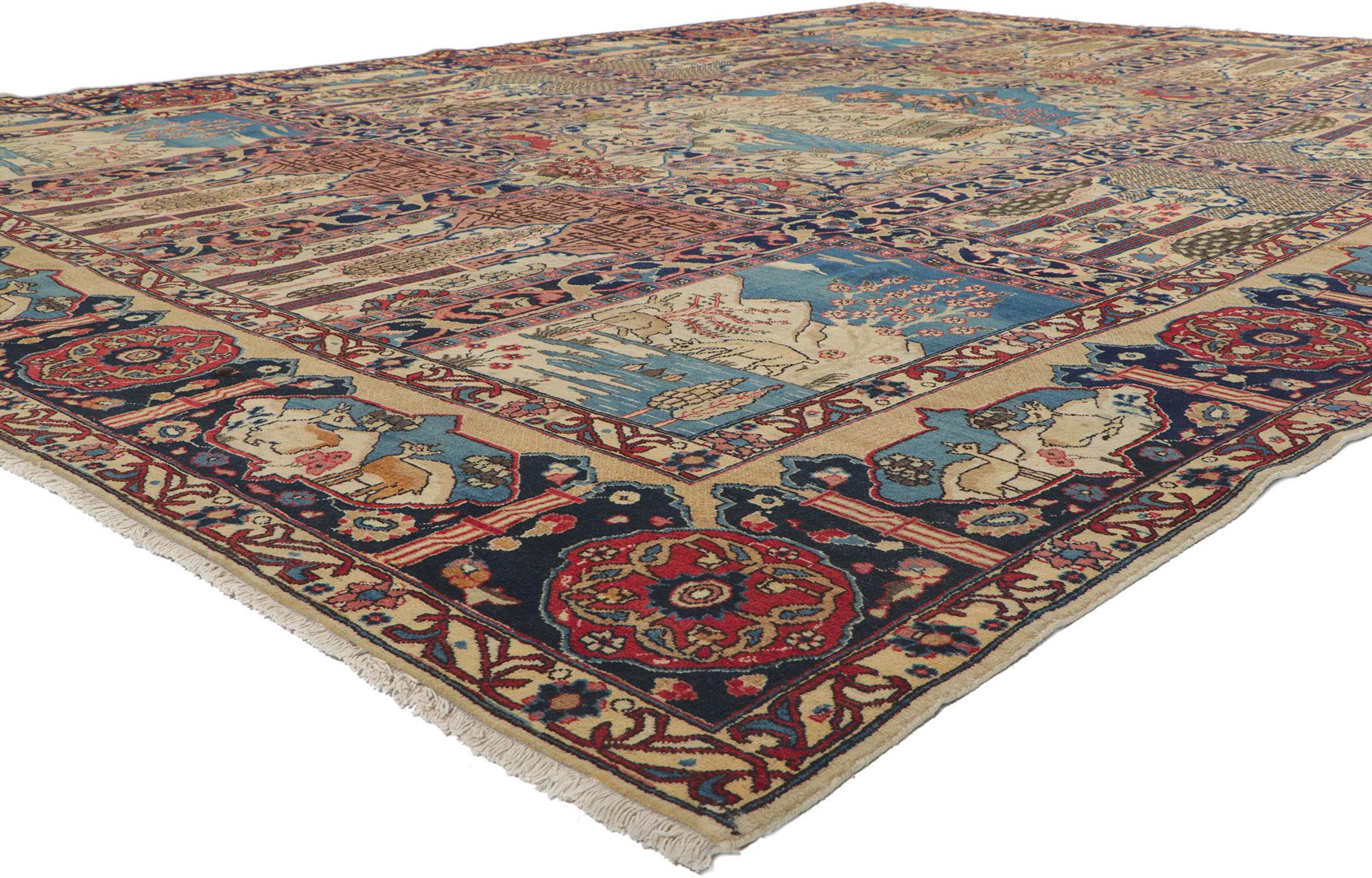 61212 Ancien tapis persan Tabriz avec motif de jardin, 11'03 x 15'00. Ce tapis Tabriz persan ancien en laine noué à la main présente un magnifique motif de jardin. La composition se caractérise par un panneau à compartiments présentant un