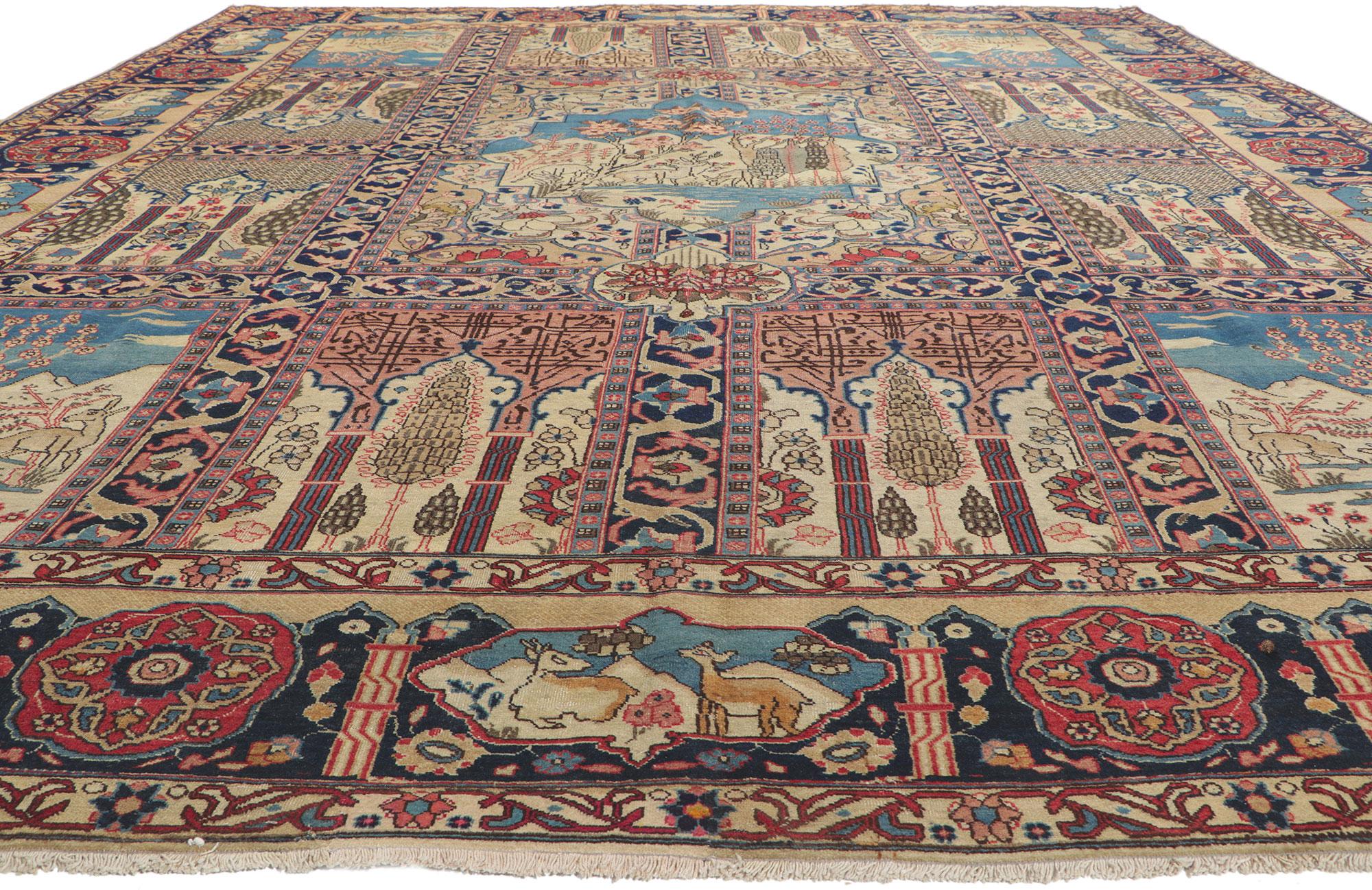 Hand-Knotted Antique Persian Tabriz Pictorial Rug with Garden Design For Sale