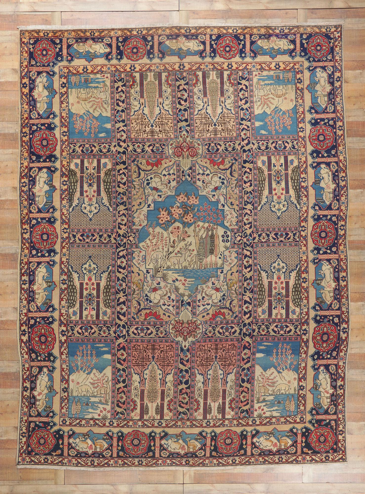 20th Century Antique Persian Tabriz Pictorial Rug with Garden Design For Sale