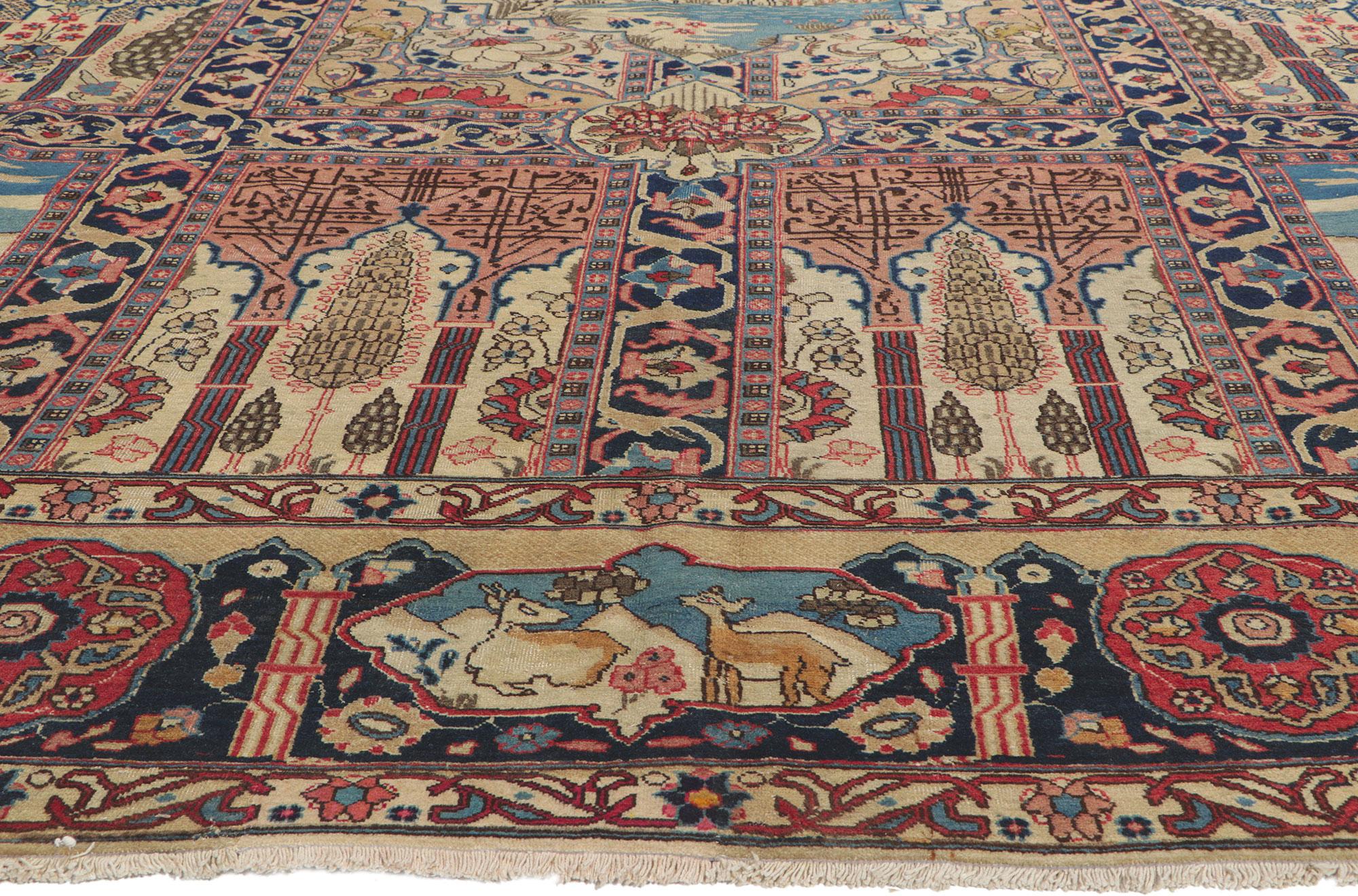 Wool Antique Persian Tabriz Pictorial Rug with Garden Design For Sale