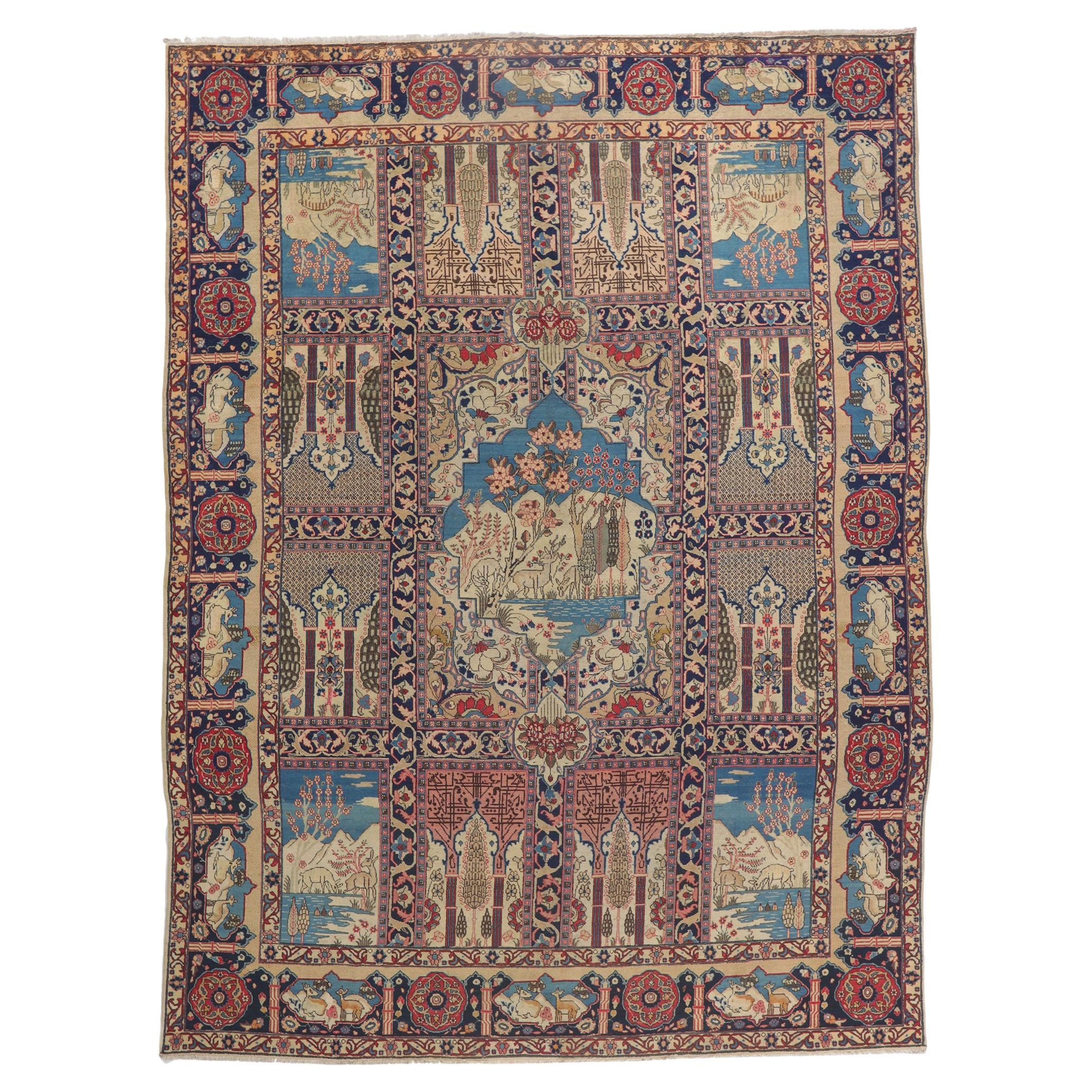 Antique Persian Tabriz Pictorial Rug with Garden Design For Sale