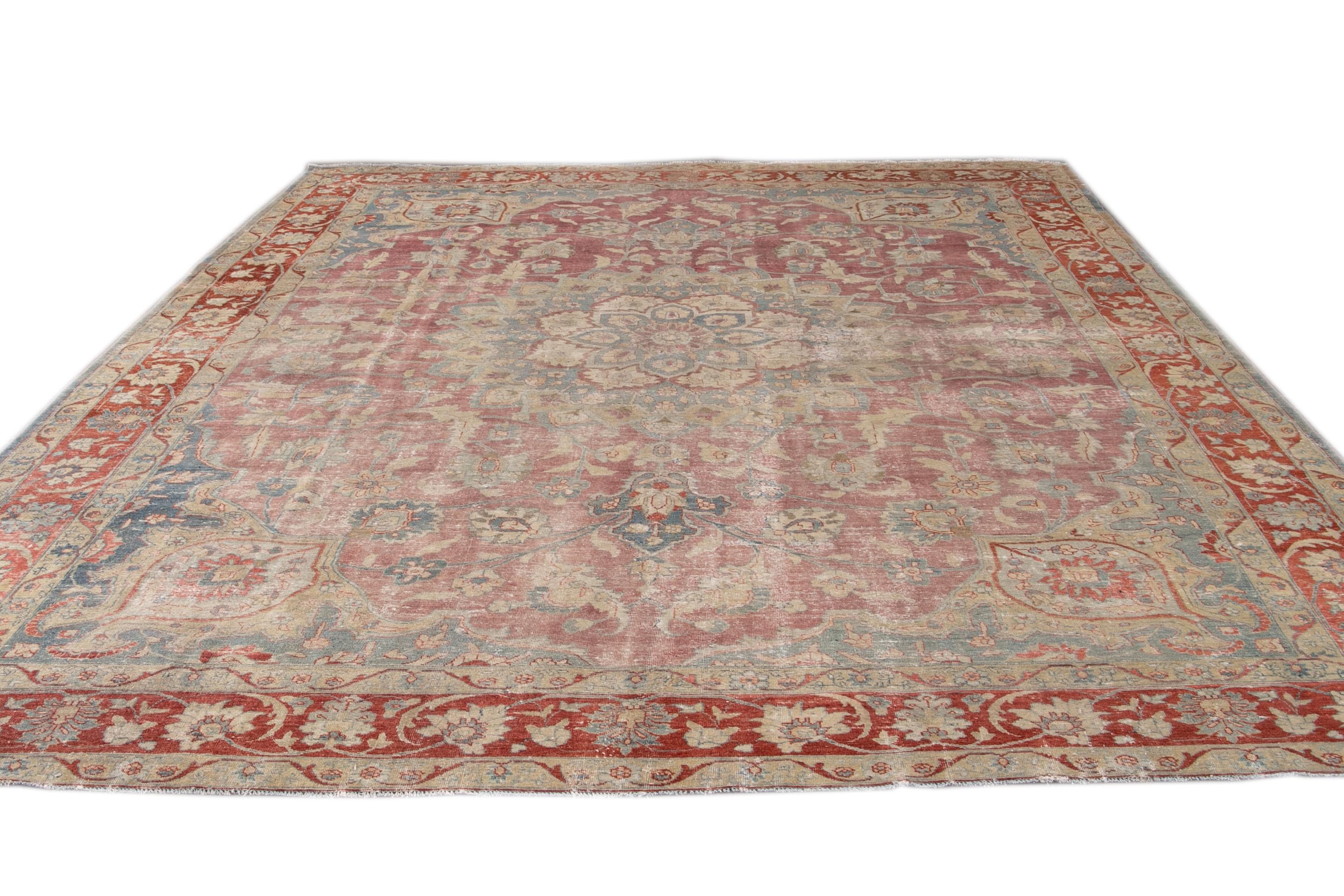 Hand-Knotted Antique Persian Tabriz Red and Blue Handmade Medallion Floral Wool Rug For Sale