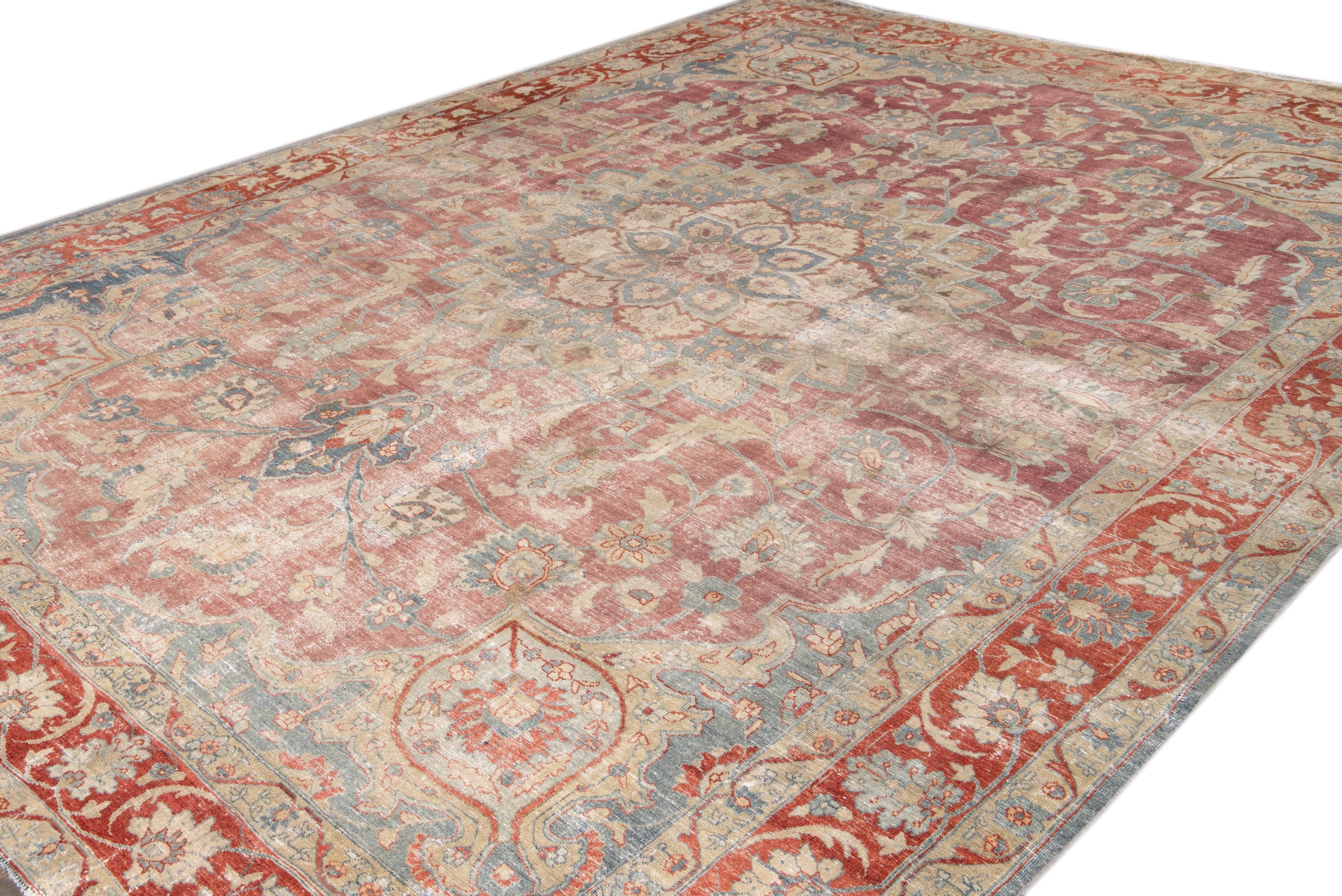 20th Century Antique Persian Tabriz Red and Blue Handmade Medallion Floral Wool Rug For Sale