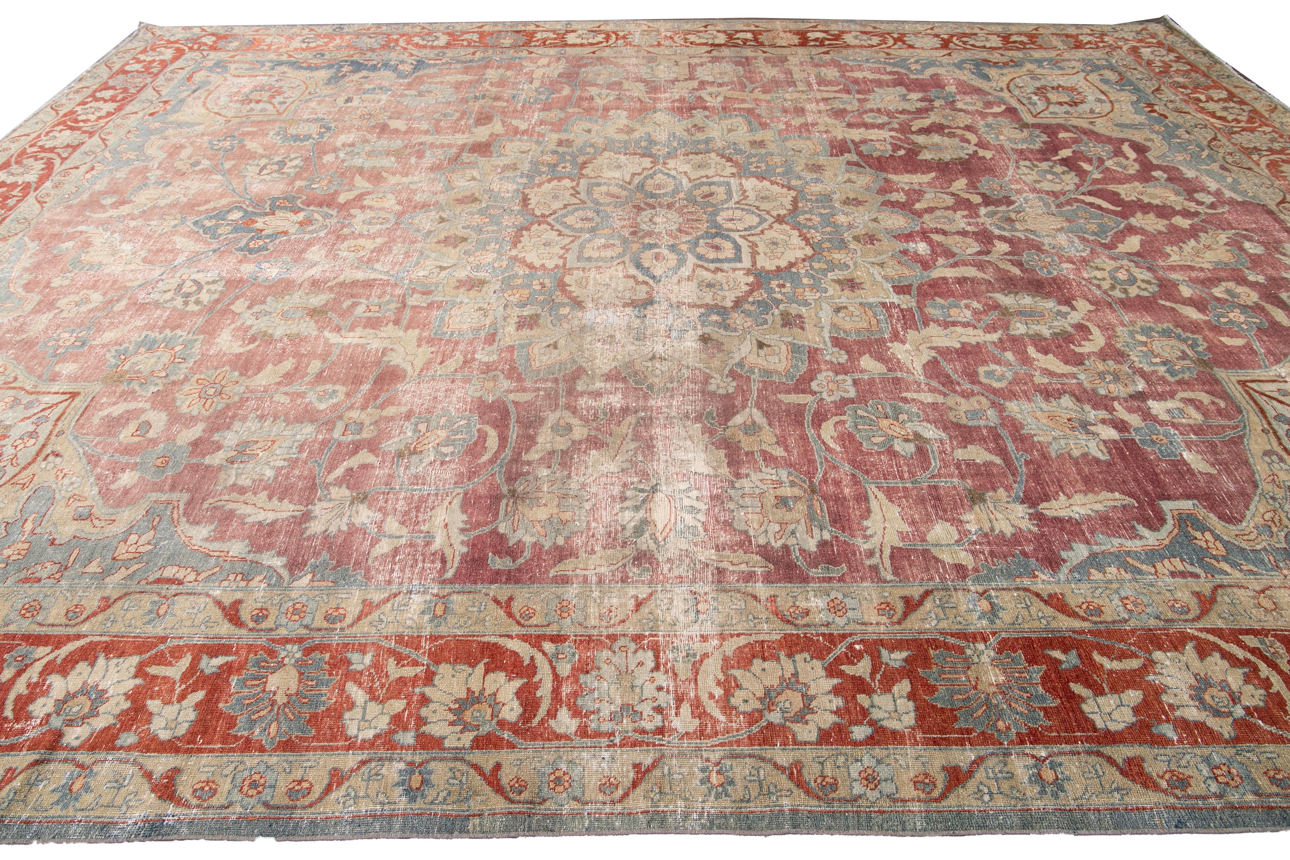 Antique Persian Tabriz Red and Blue Handmade Medallion Floral Wool Rug For Sale 1