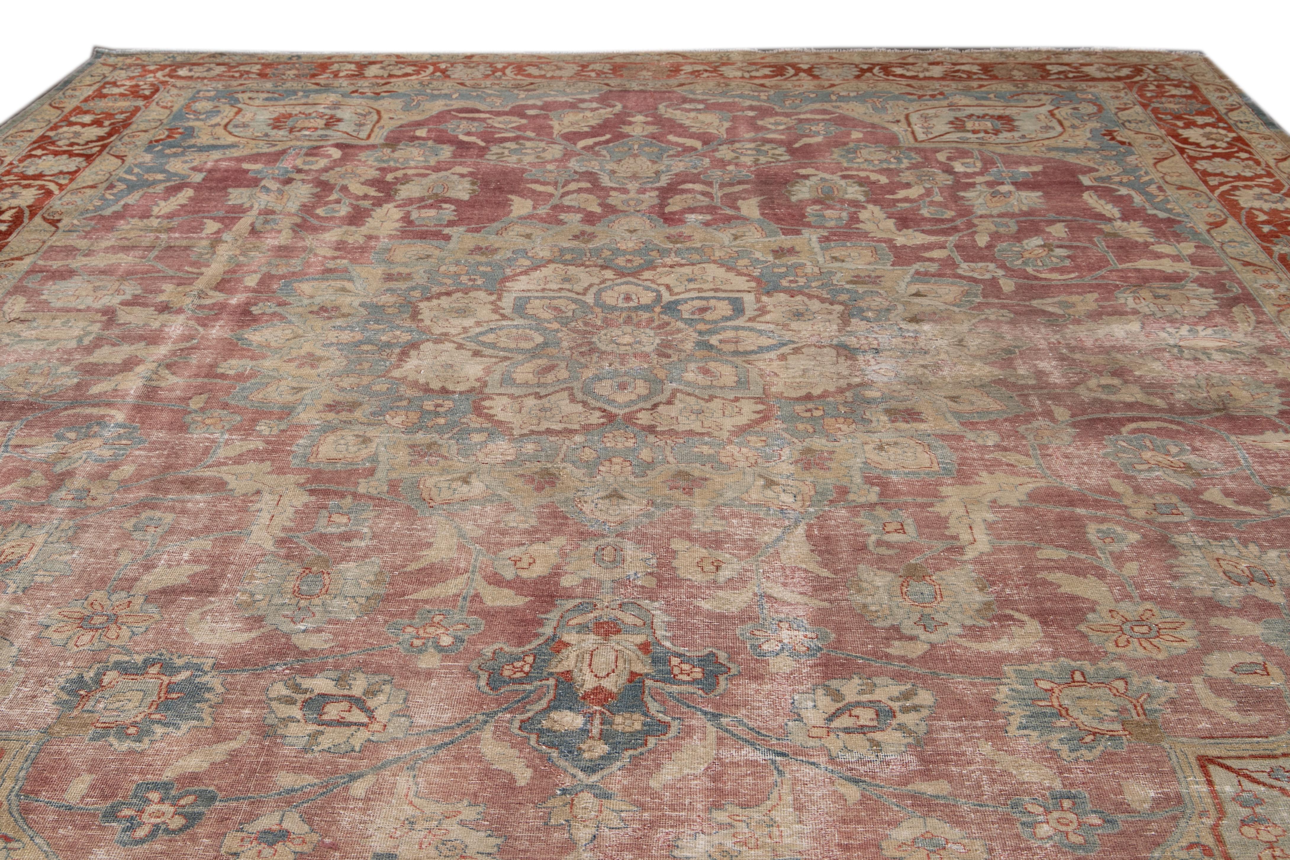 Antique Persian Tabriz Red and Blue Handmade Medallion Floral Wool Rug For Sale 2