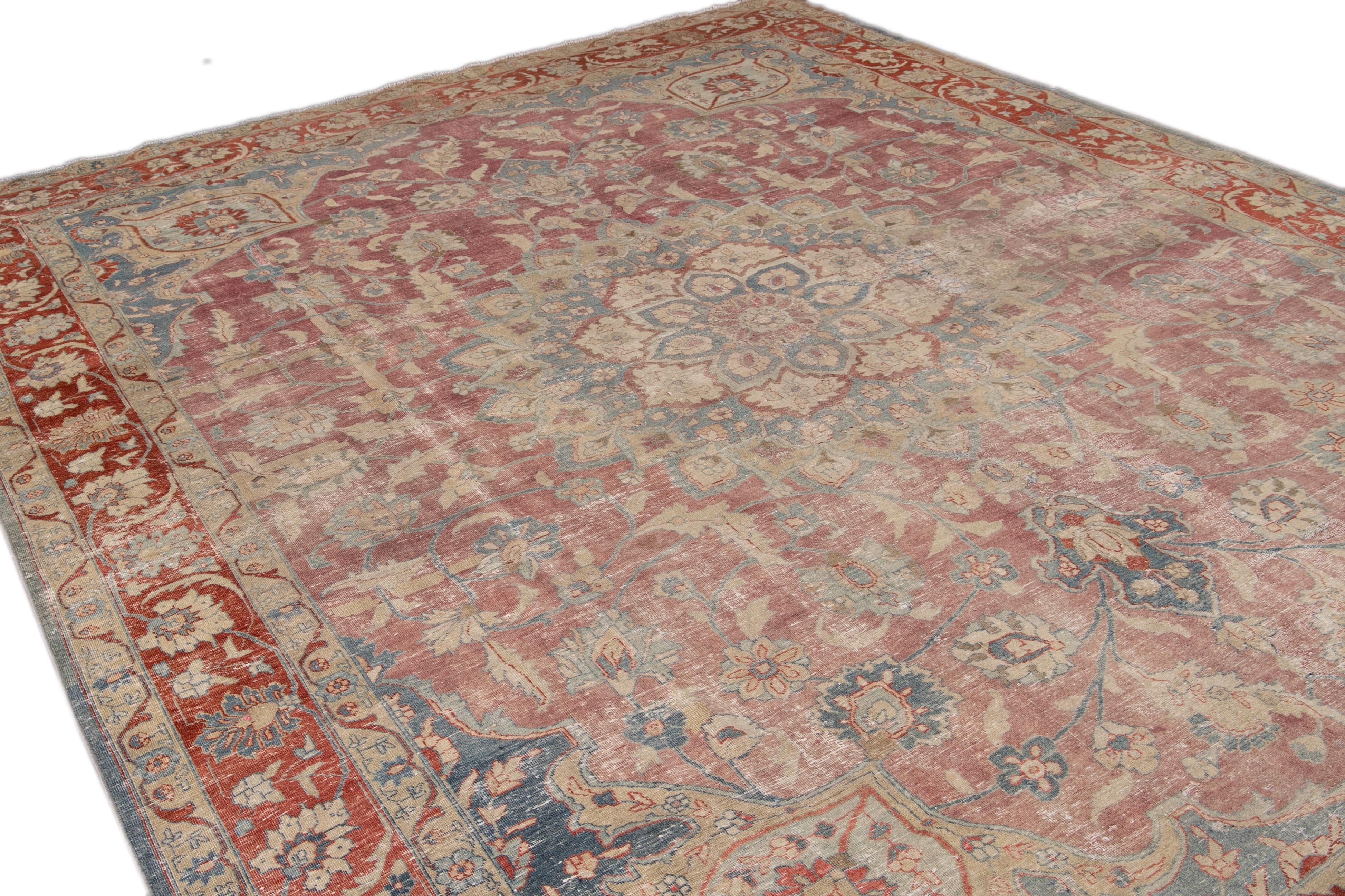 Antique Persian Tabriz Red and Blue Handmade Medallion Floral Wool Rug For Sale 3
