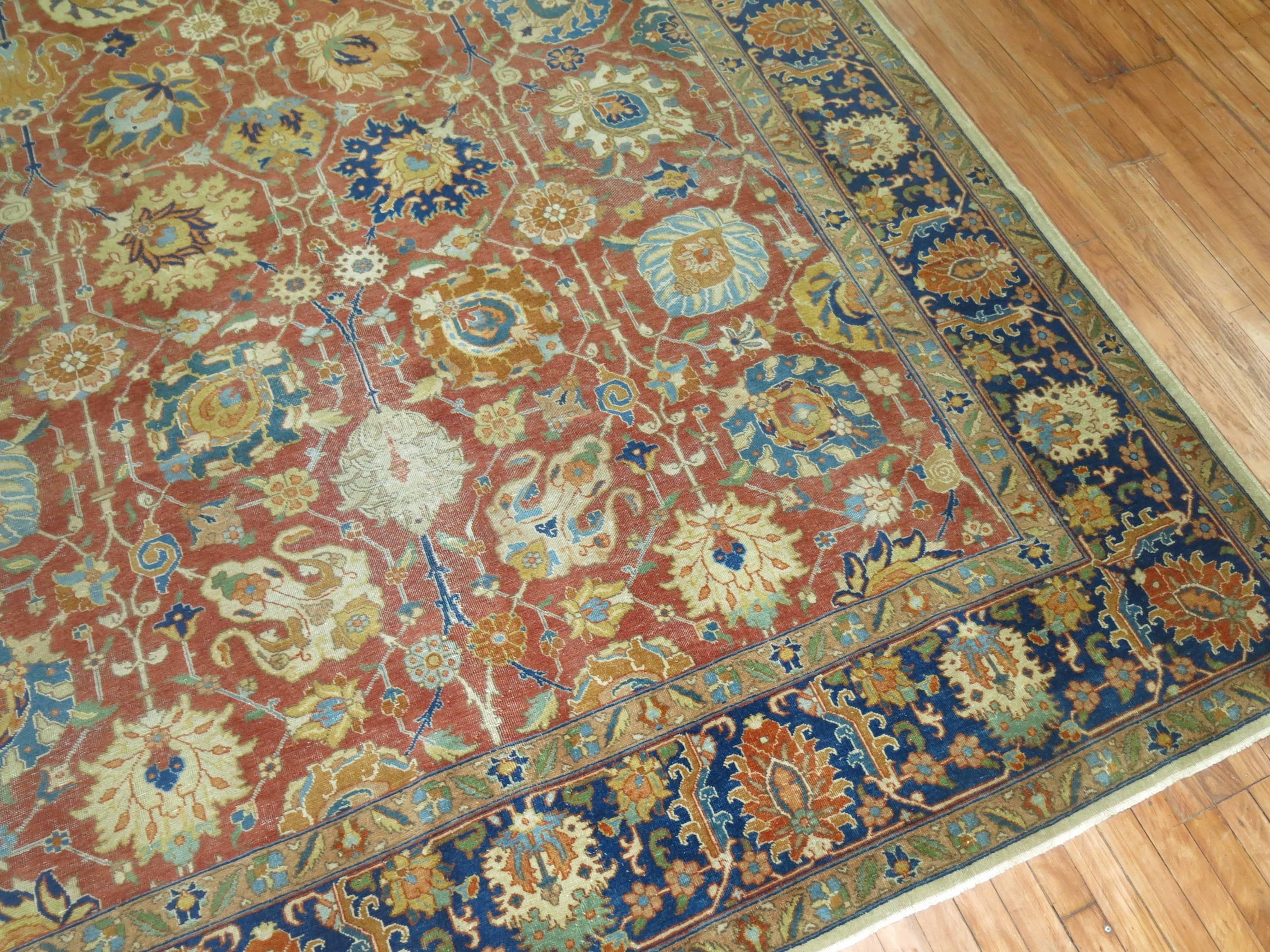 Authentic shabby chic room size Persian Tabriz rug.

8'6'' x 11'3''

An antique Tabriz can be made of cotton or silk and woven as a pile carpet or flat-weave. A refined palette reliant on copper tones, terracotta and ivory, with shades of blue and