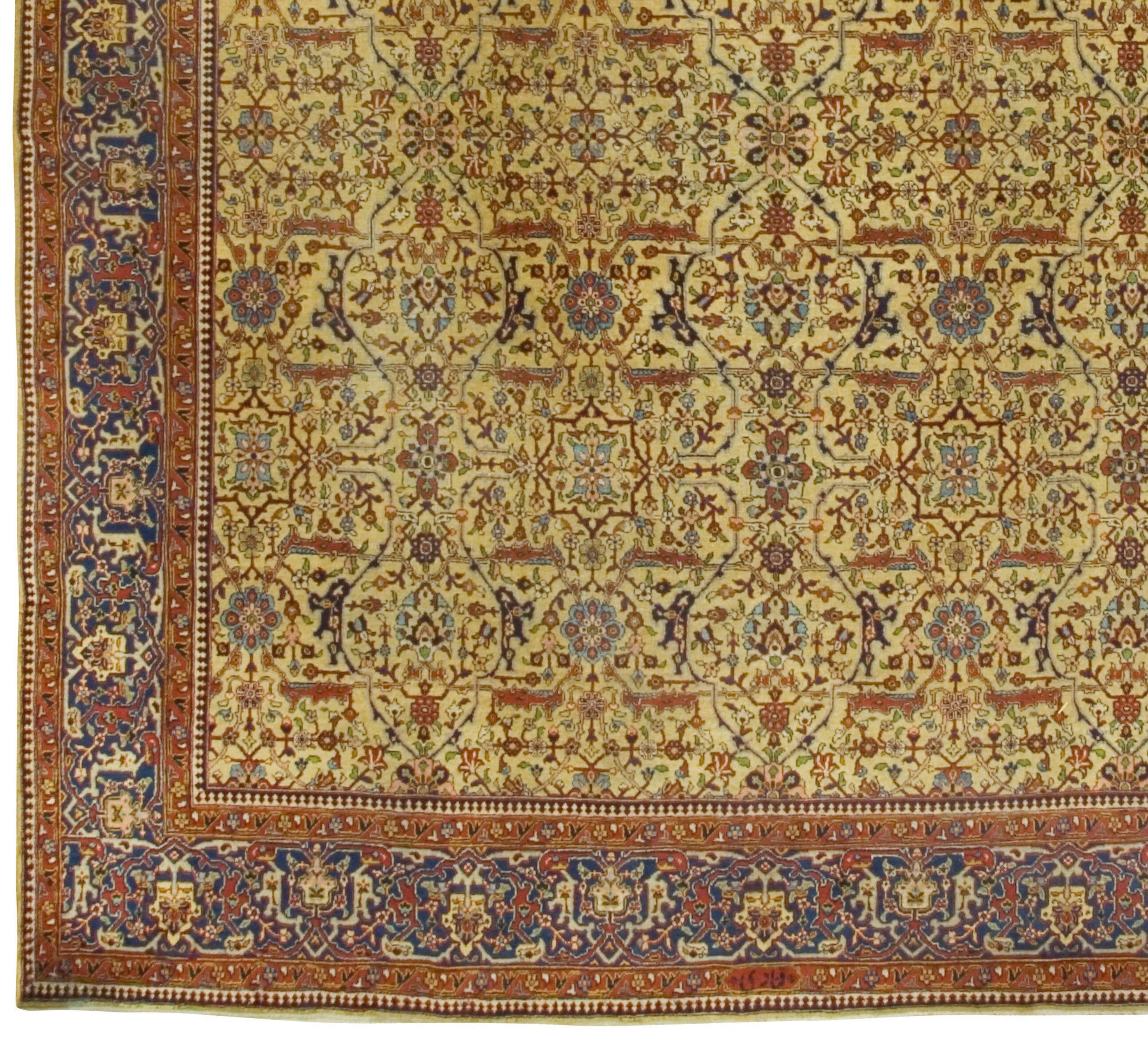 Antique Persian Tabriz rug, 10' x 12'6. Tabriz is the capital of the north-western province of Azerbaijan in Northwest Persia and for centuries has enjoyed a great reputation as a center of Oriental culture. Genghis Kahn conquered the town in the