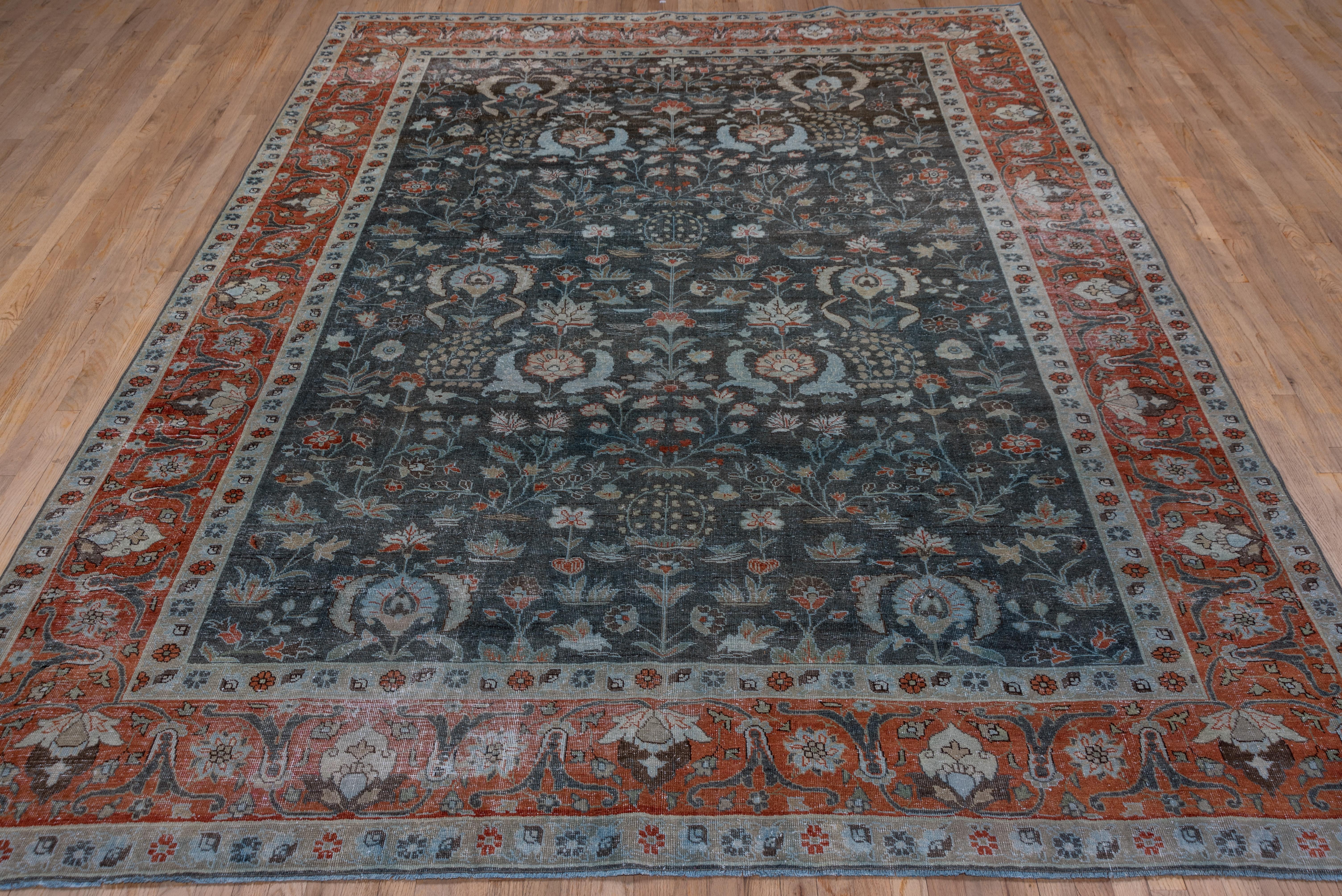 Hand-Knotted Antique Persian Tabriz Rug, Blue Green Field, Multicolored Double Borders For Sale