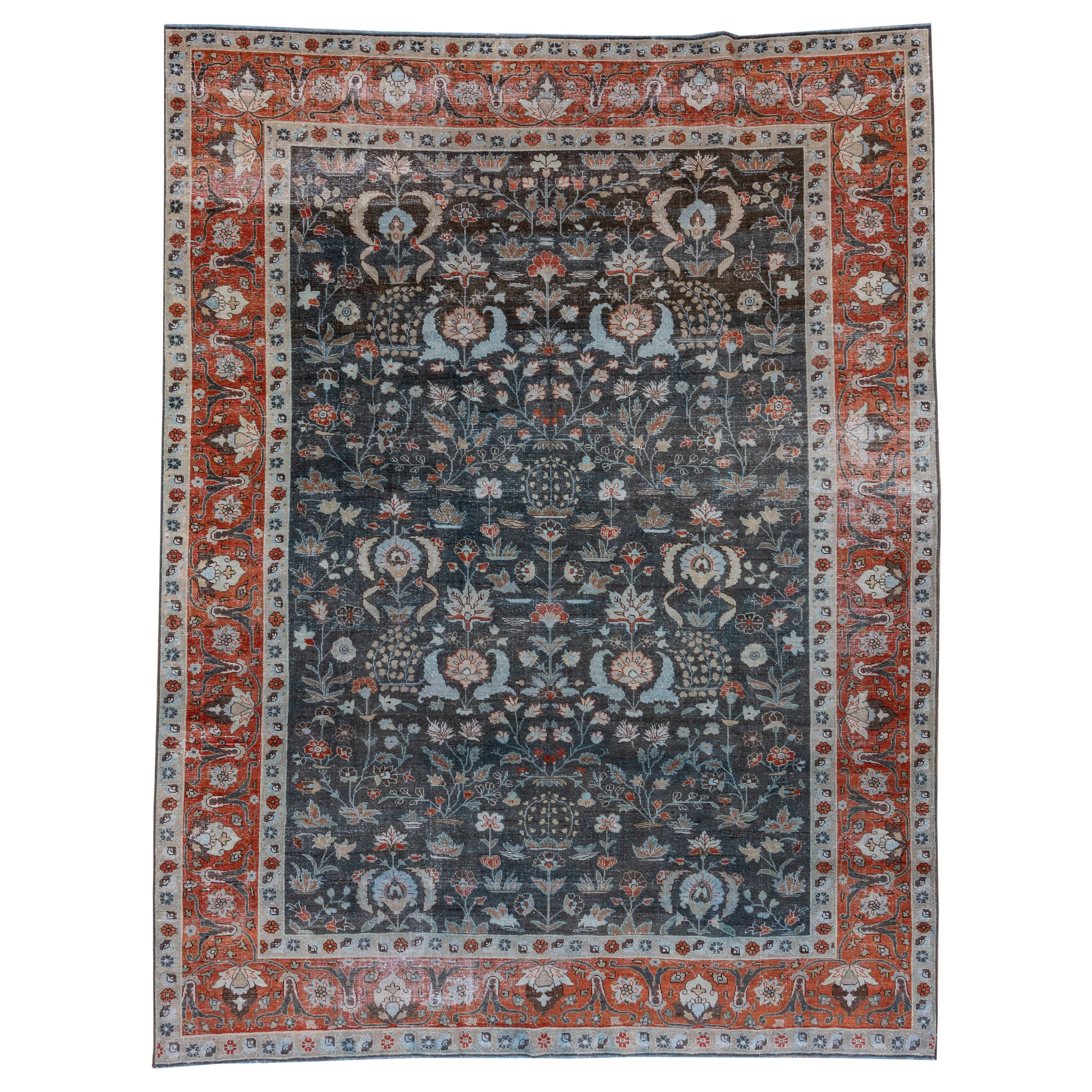 Antiker persischer Täbris-Teppich, blau-grünes Feld, mehrfarbige Doppelbordüren