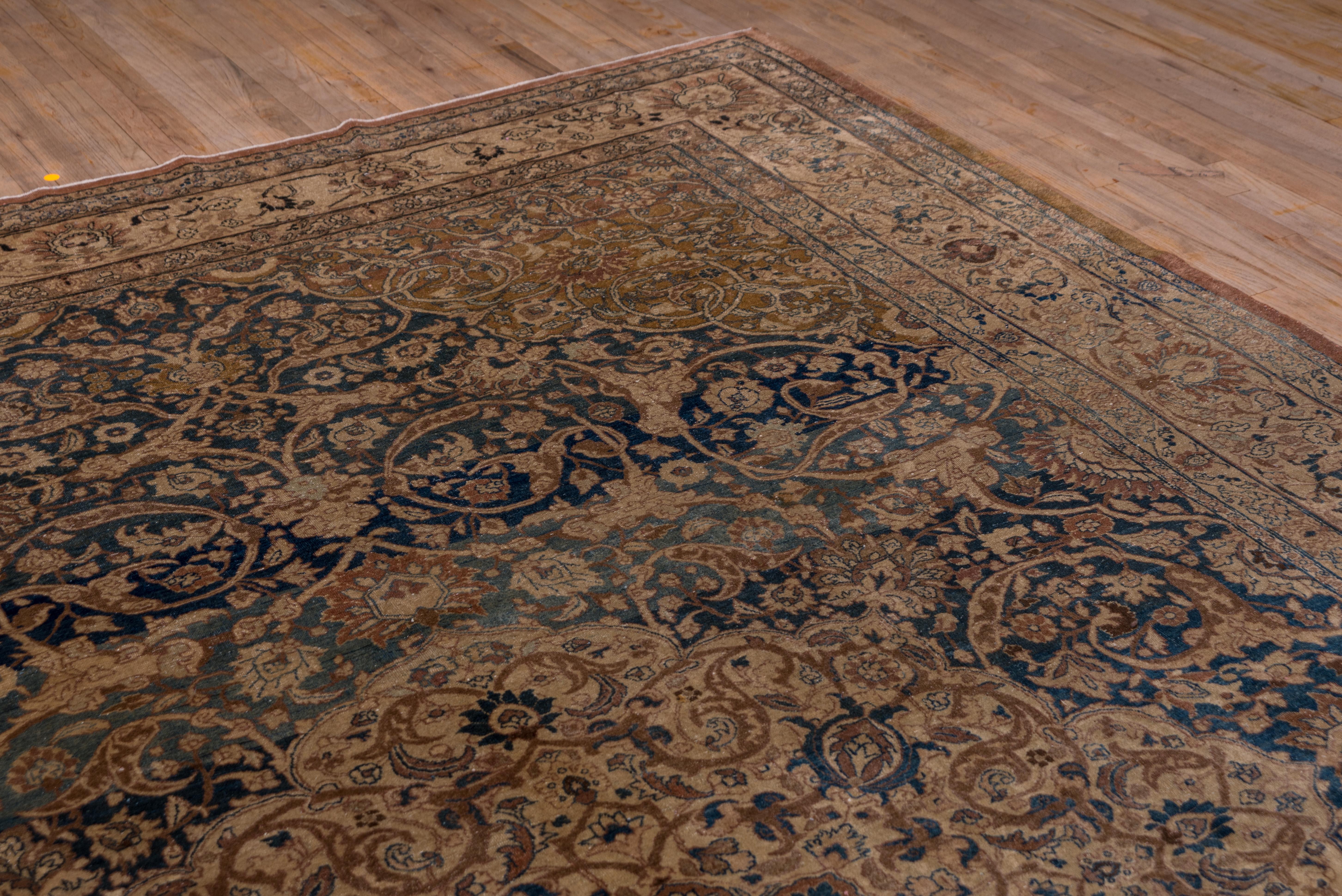 Antique Persian Tabriz Rug, Blue & Tan Field, Curvilinear Medallion, circa 1920s In Good Condition In New York, NY