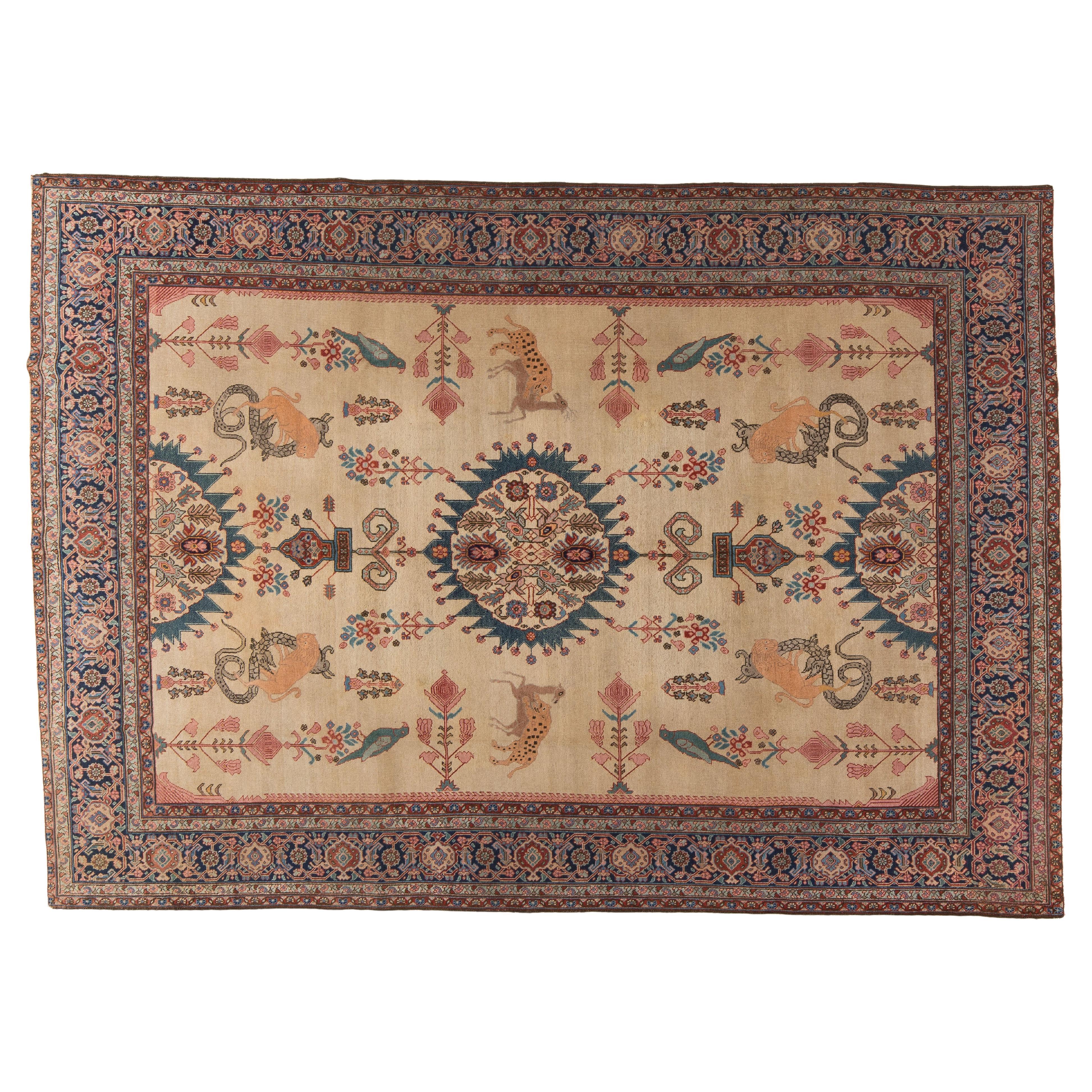 Antique Persian Tabriz rug Fine Ivory Rug with Animals and Flowers For Sale