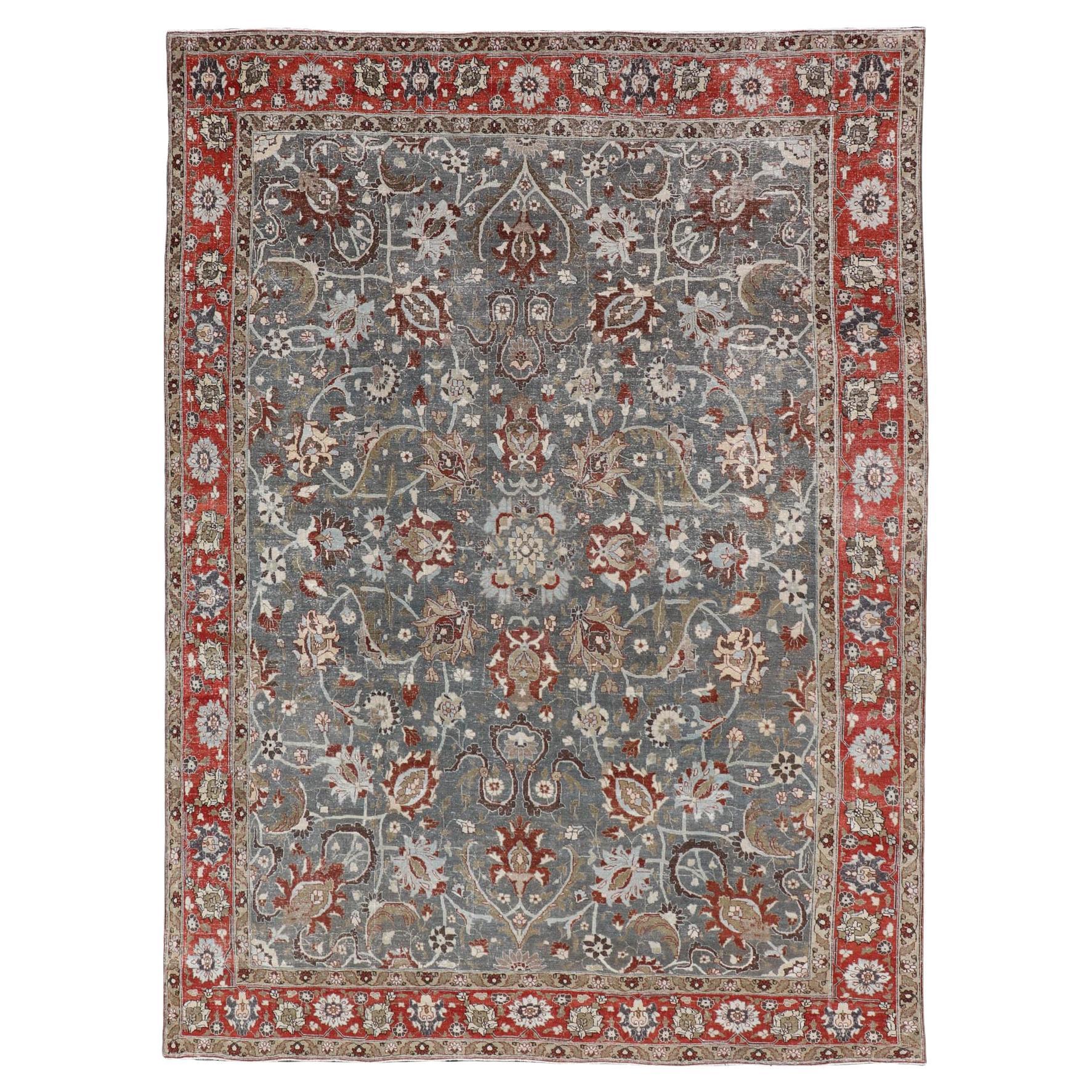Antique Persian Tabriz Rug Floral and Vine Design in Muted Blue & Red 8'9"X12'2