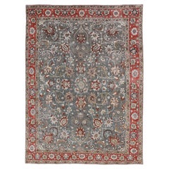 Antique Persian Tabriz Rug Floral and Vine Design in Muted Blue & Red 8'9"X12'2