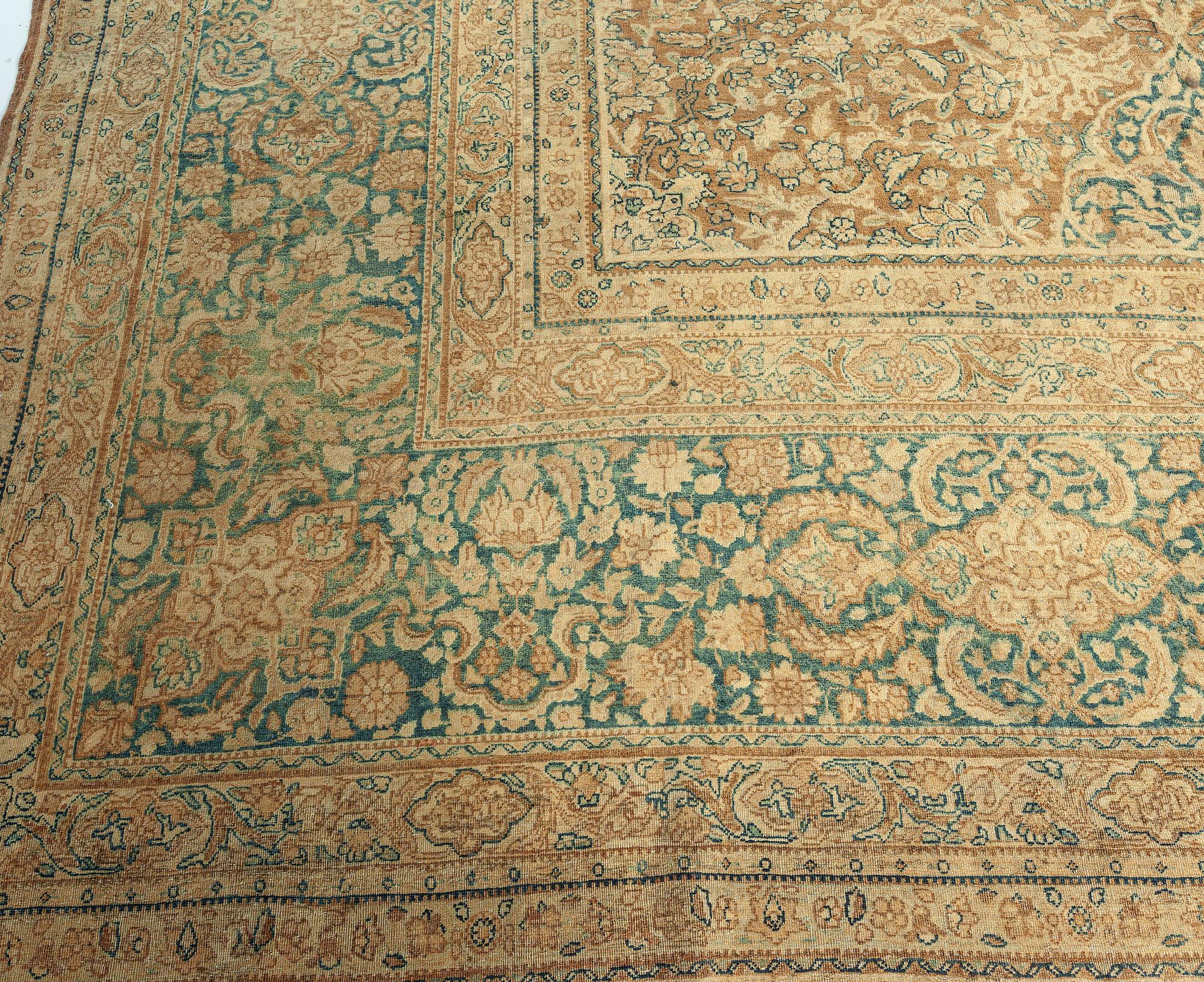 Antique Persian Tabriz Brown Handmade Wool Rug For Sale 2