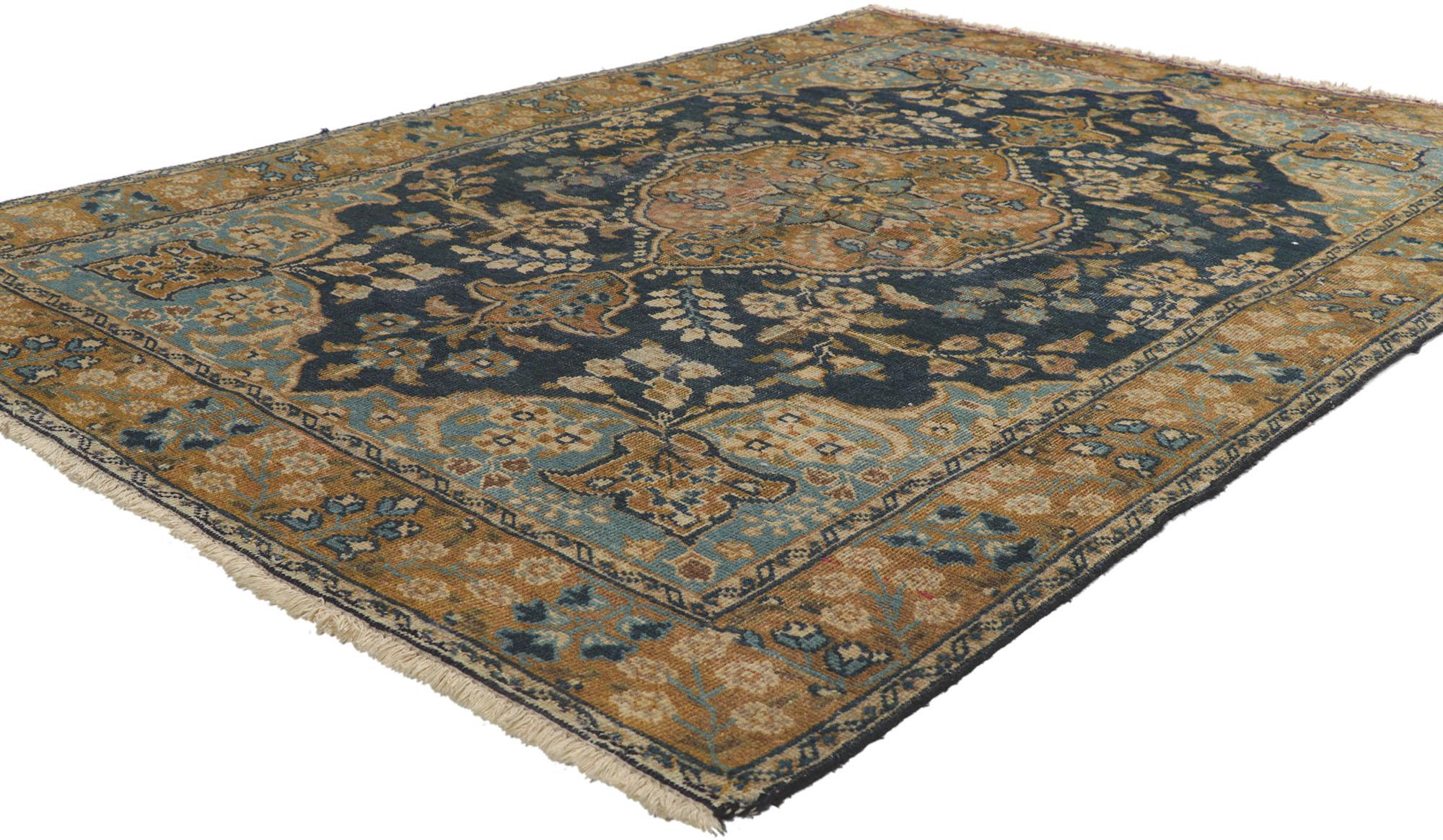 78240 Antique Persian Tabriz Rug, 04'03 x 06'00. Rendered in variegated shades of brown, blue, camel, sky blue, tan, navy blue, taupe, cerulean, ecru, and beige with other accent colors. Desirable Age Wear. Abrash. Hand-knotted wool. Made in Iran.