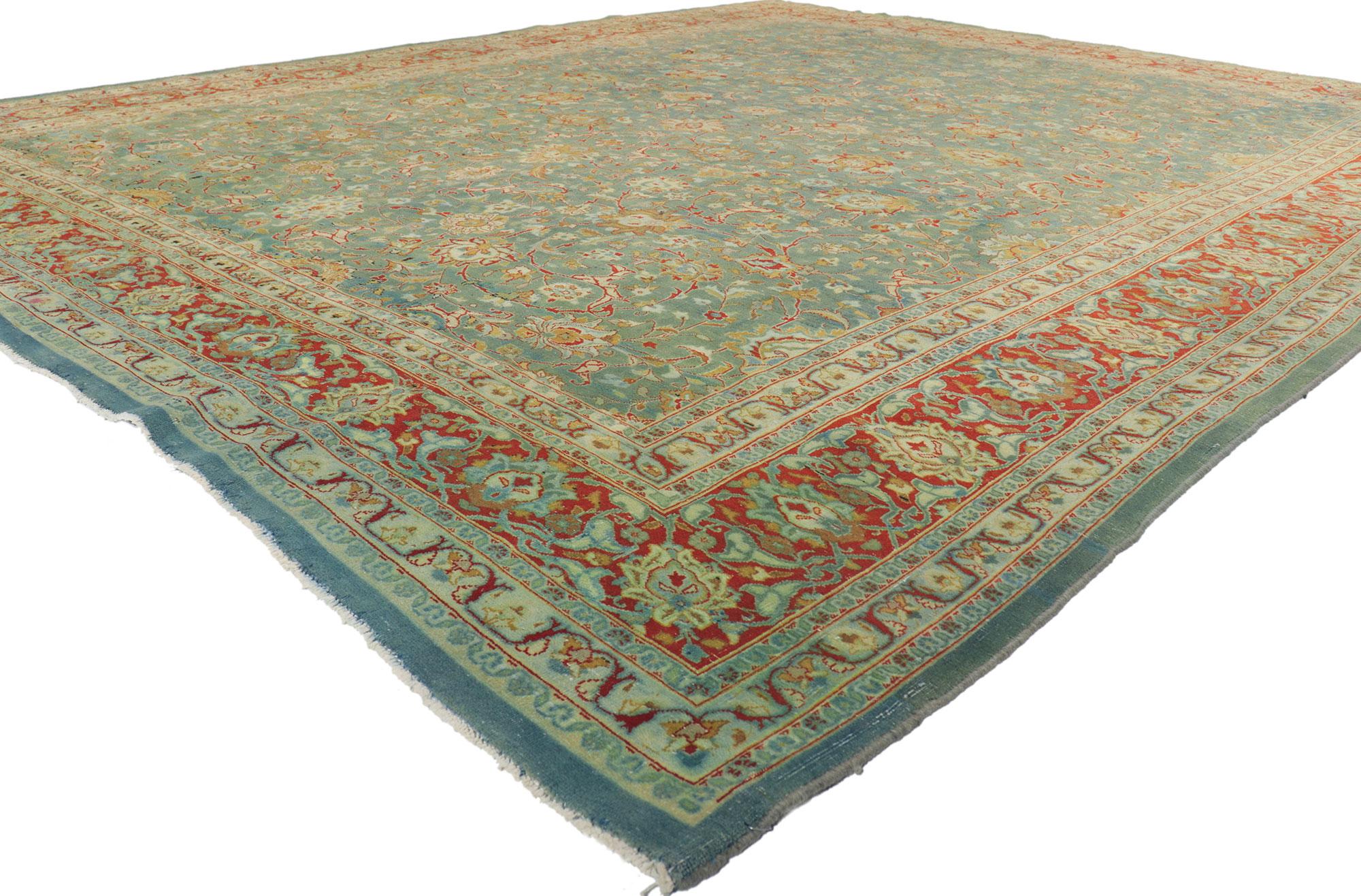 61178 Antique Persian Tabriz rug, 09'08 x 12'05. With its effortless beauty and timeless design, this hand knotted wool antique Persian Tabriz rug is poised to impress. The antique washed field features an allover botanical pattern composed of