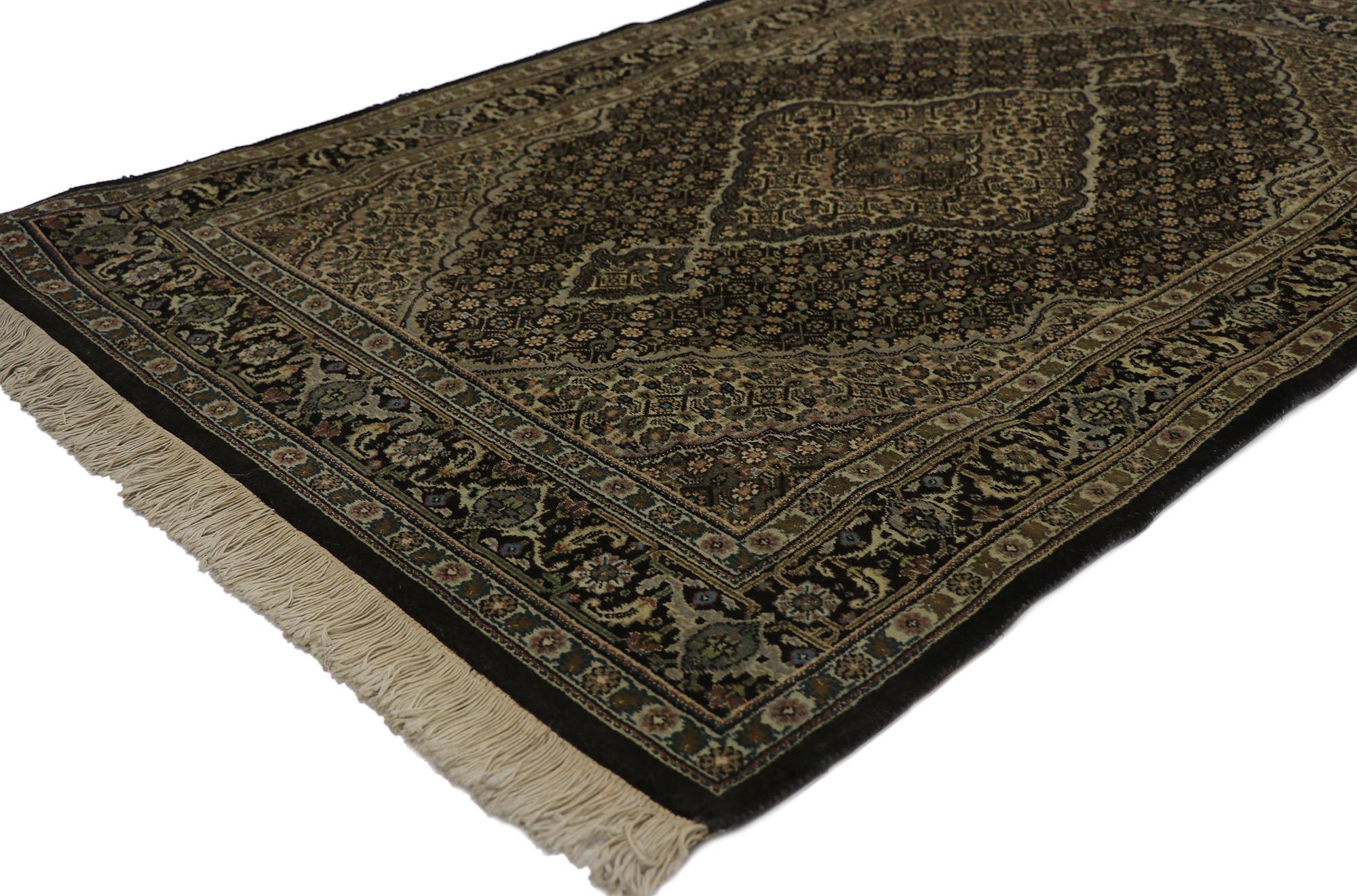 ?21695 Antique Persian Tabriz rug, 03'04 x 05'00. Emanating traditional style with incredible detail and texture, this hand knotted wool antique Persian Tabriz rug is a captivating vision of woven beauty. The traditional design and dark color