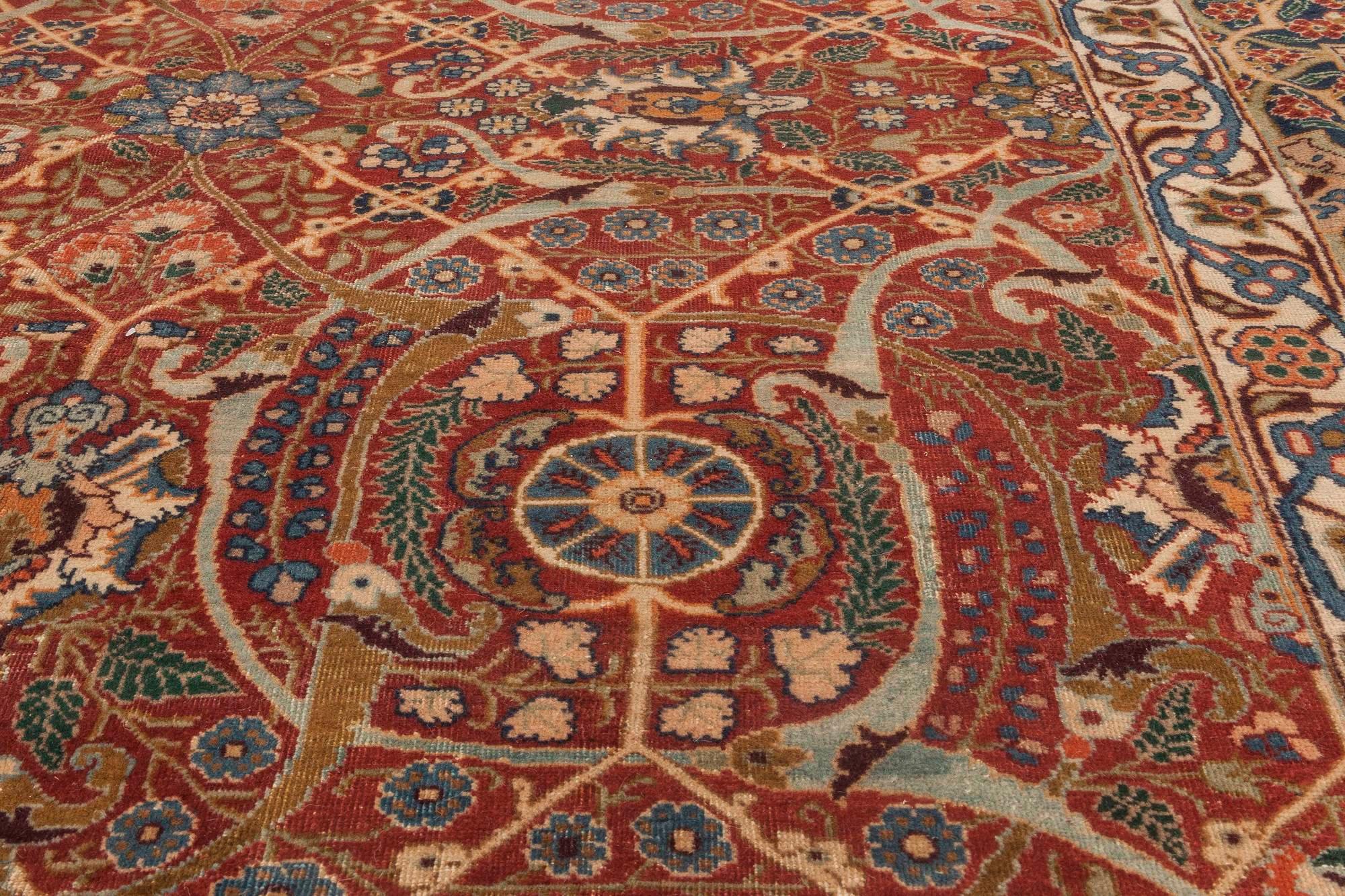 Wool 19th Century Persian Tabriz Red Hand Knotted Rug For Sale