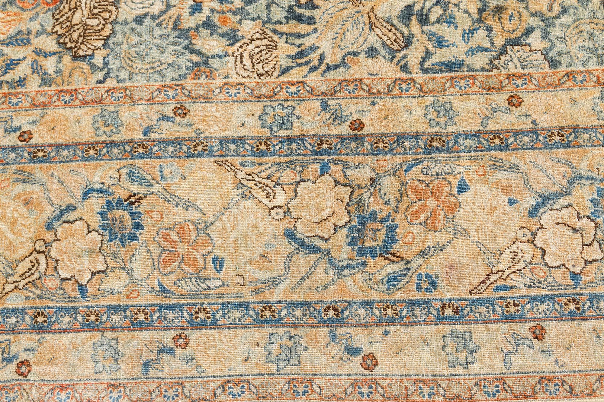Hand-Knotted Early 20th Century Tabriz Beige Blue Handmade Wool Rug For Sale