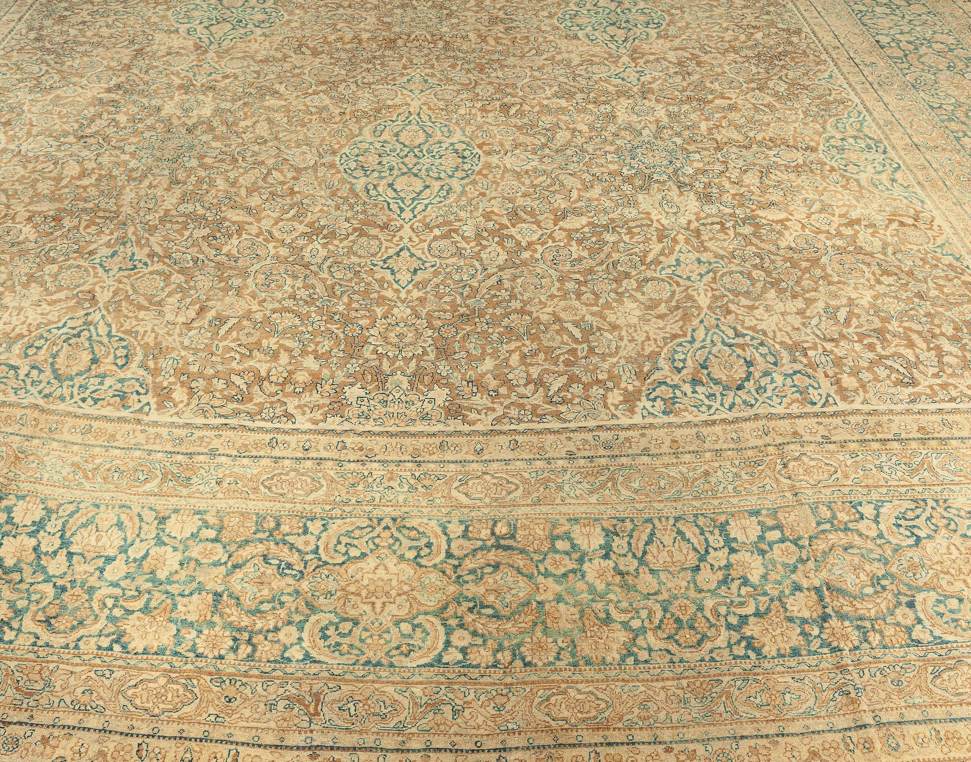 Antique Persian Tabriz Brown Handmade Wool Rug In Good Condition For Sale In New York, NY