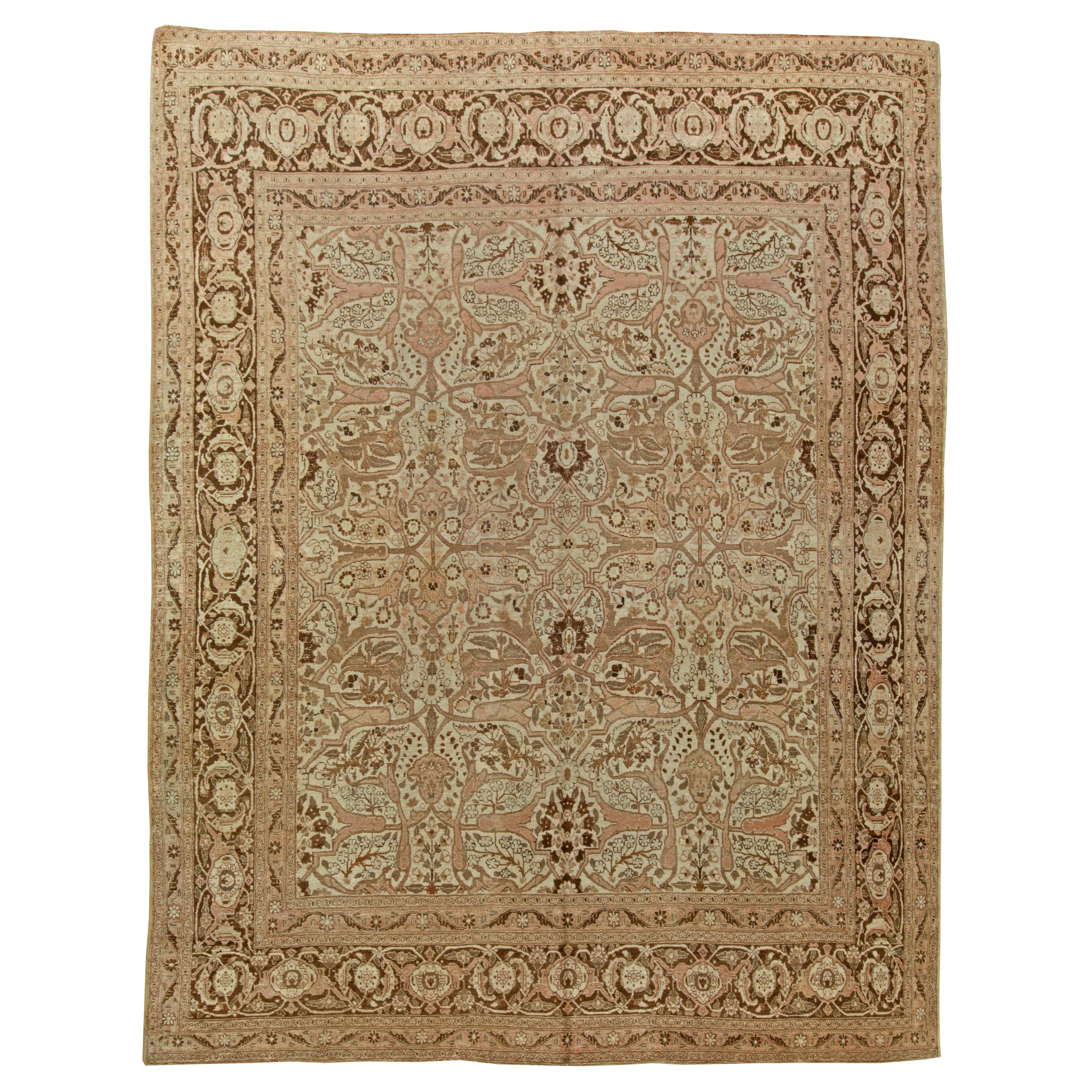 Authentic Persian Tabriz Brown Handmade Wool Rug For Sale