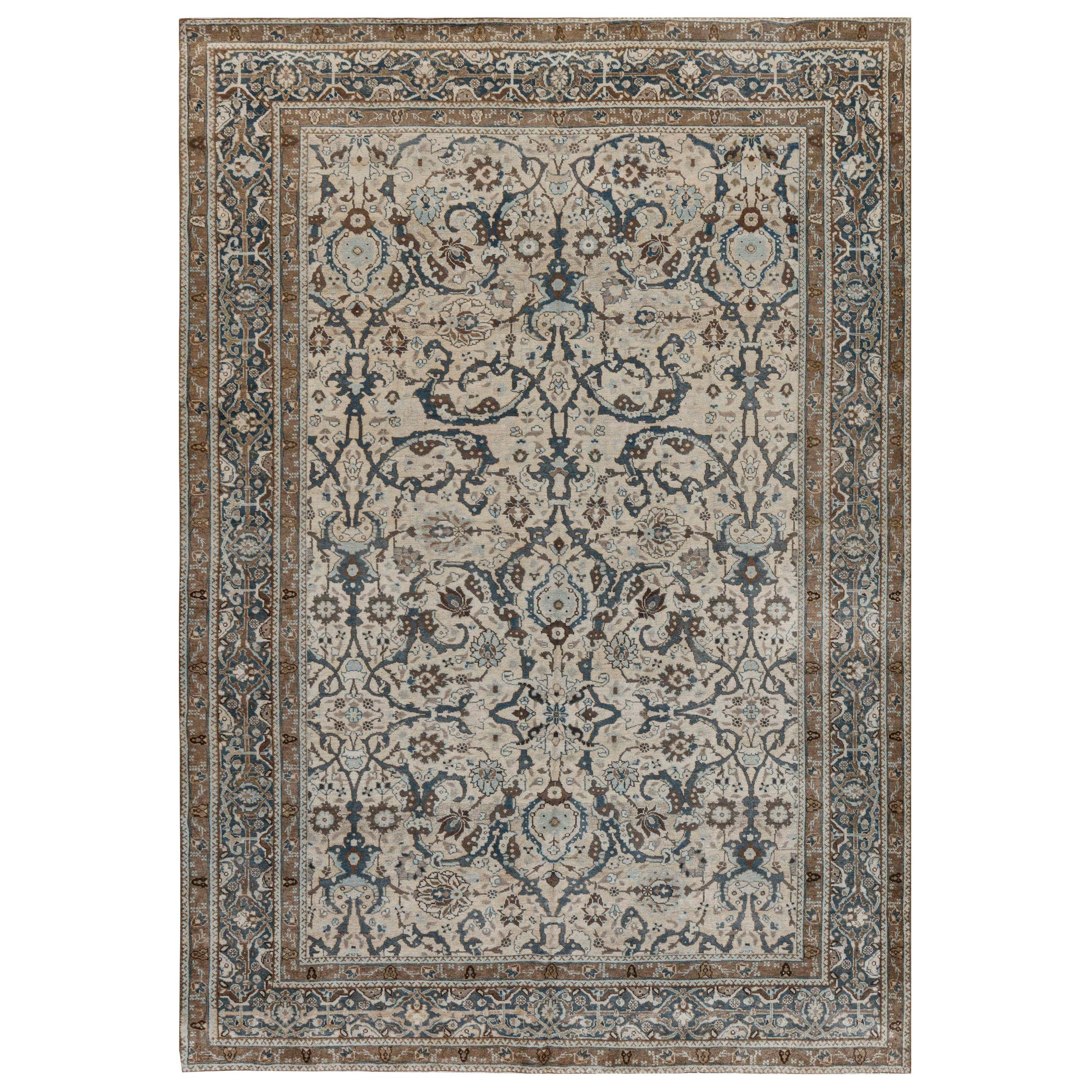 Antique Persian Tabriz Rug in Mocha, Camel, Brown, Gray and Light Blue For Sale at 1stDibs