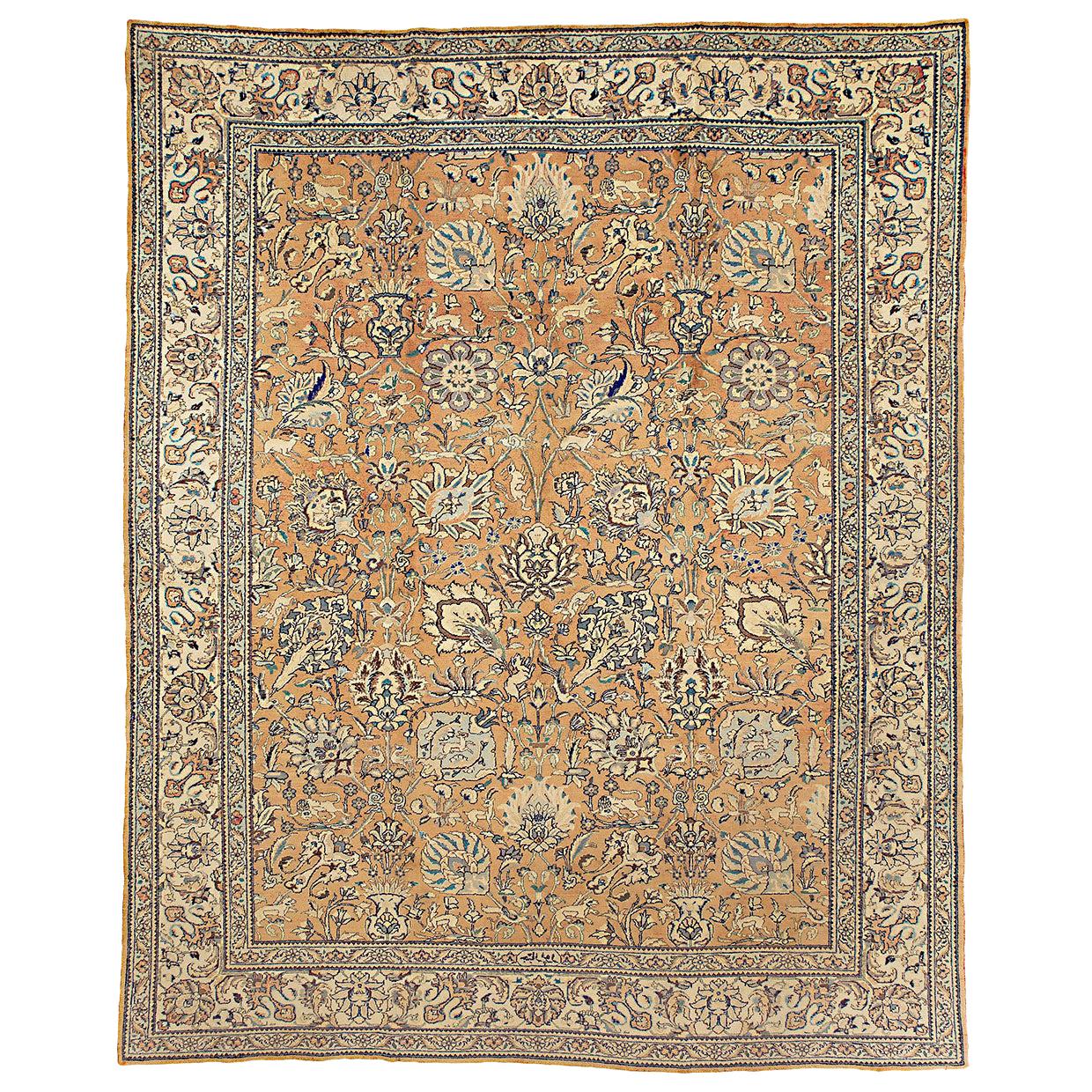 Antique Persian Tabriz Rug from 20th Century with Ivory and Blue Floral Details