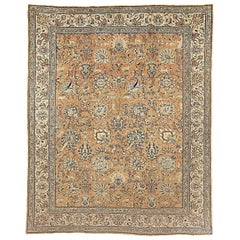 Antique Persian Tabriz Rug from 20th Century with Ivory and Blue Floral Details