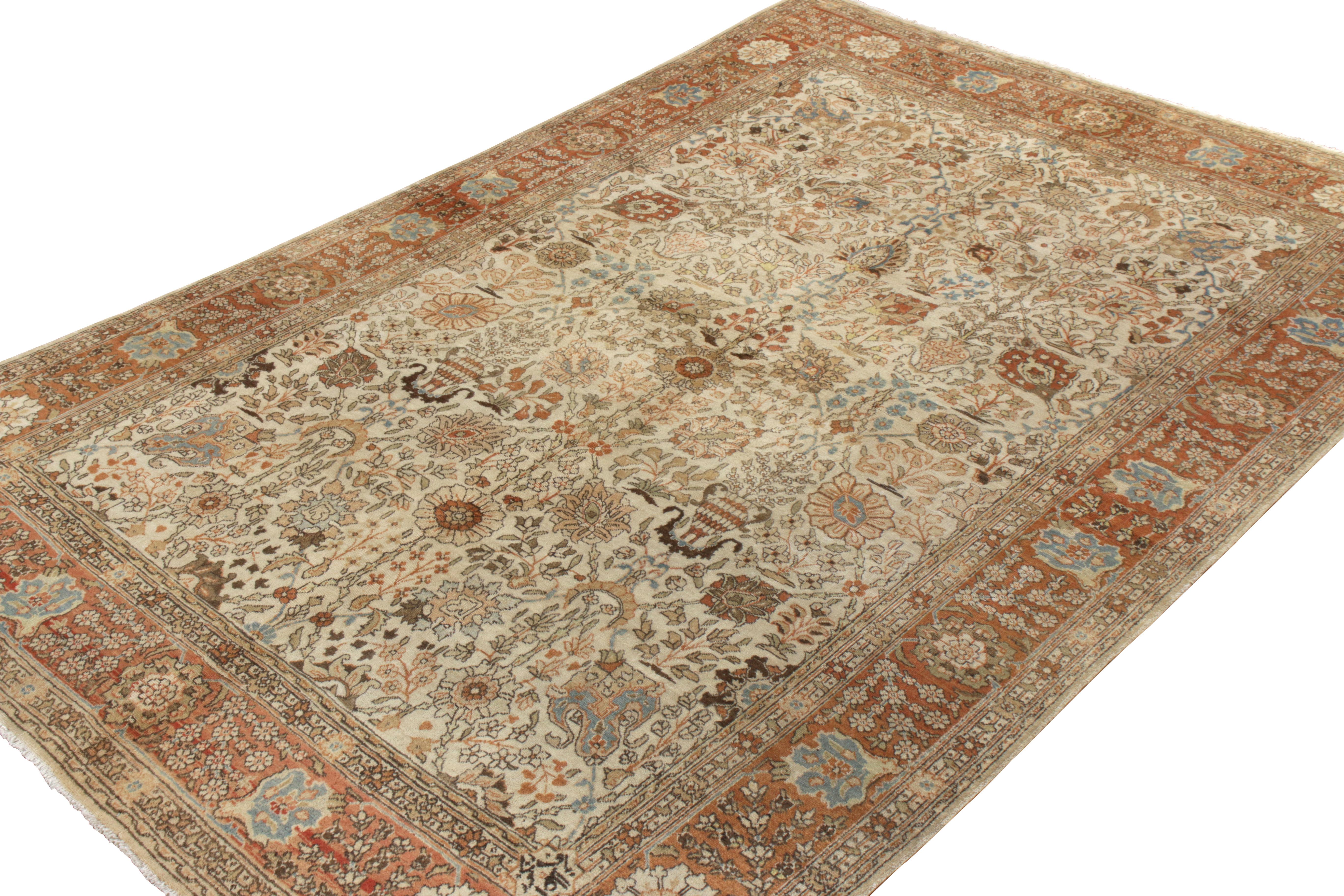 Tabriz Antique Persian Rug in All over Orange OffWhite, Floral Pattern by Rug & Kilim For Sale