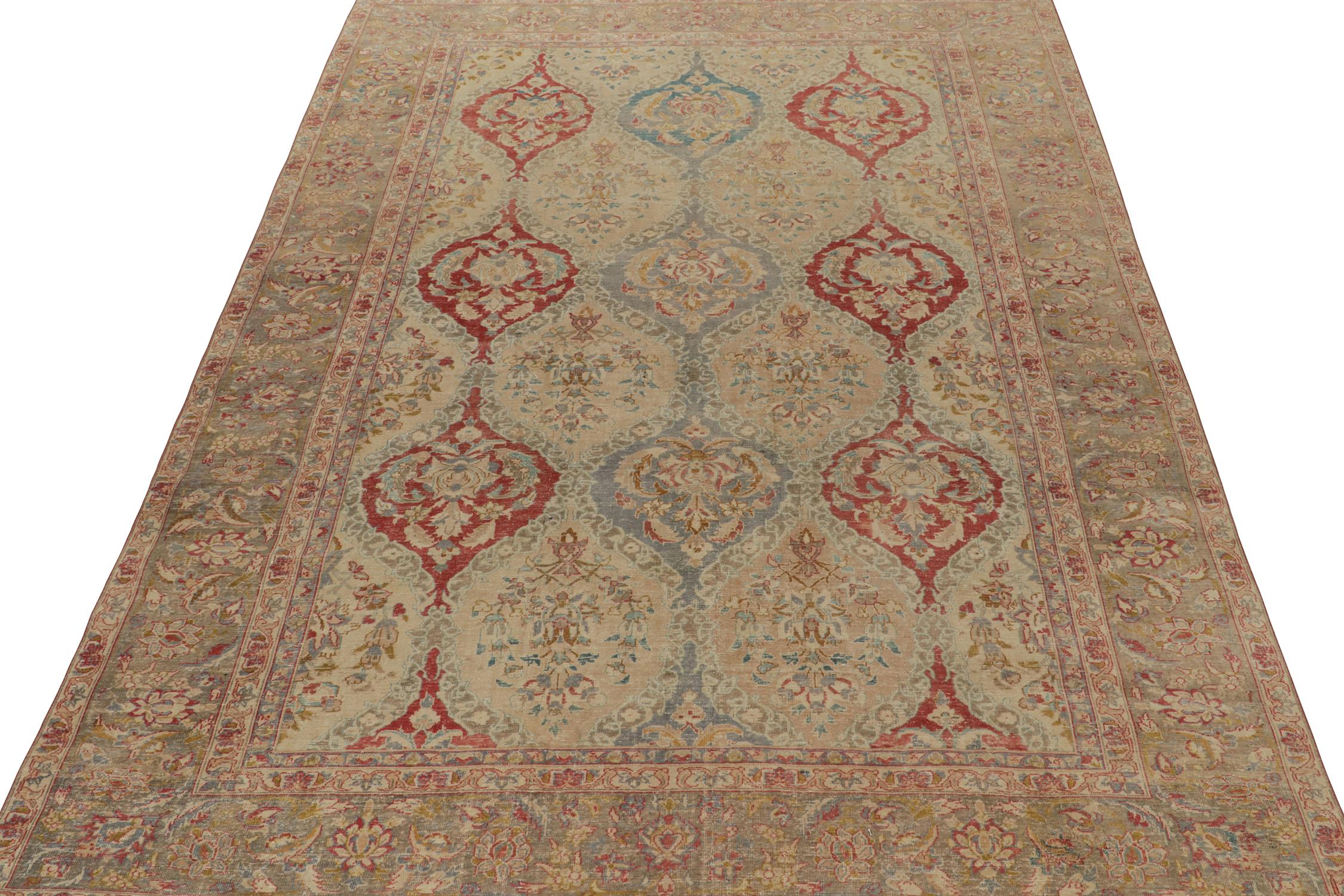 Hand-Knotted Antique Persian Tabriz Rug in Beige with Red and Floral Pattern by Rug & Kilim For Sale