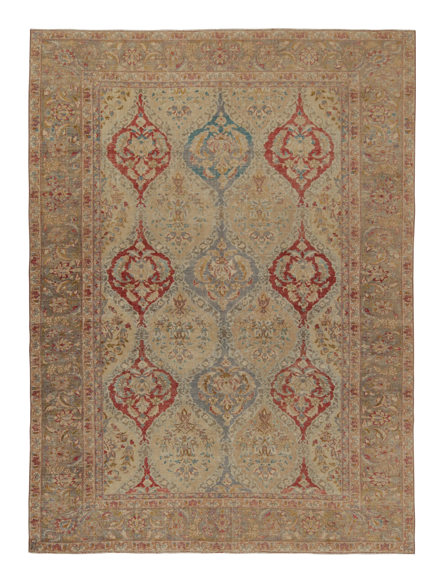 Antique Persian Tabriz Rug in Beige with Red and Floral Pattern by Rug & Kilim For Sale