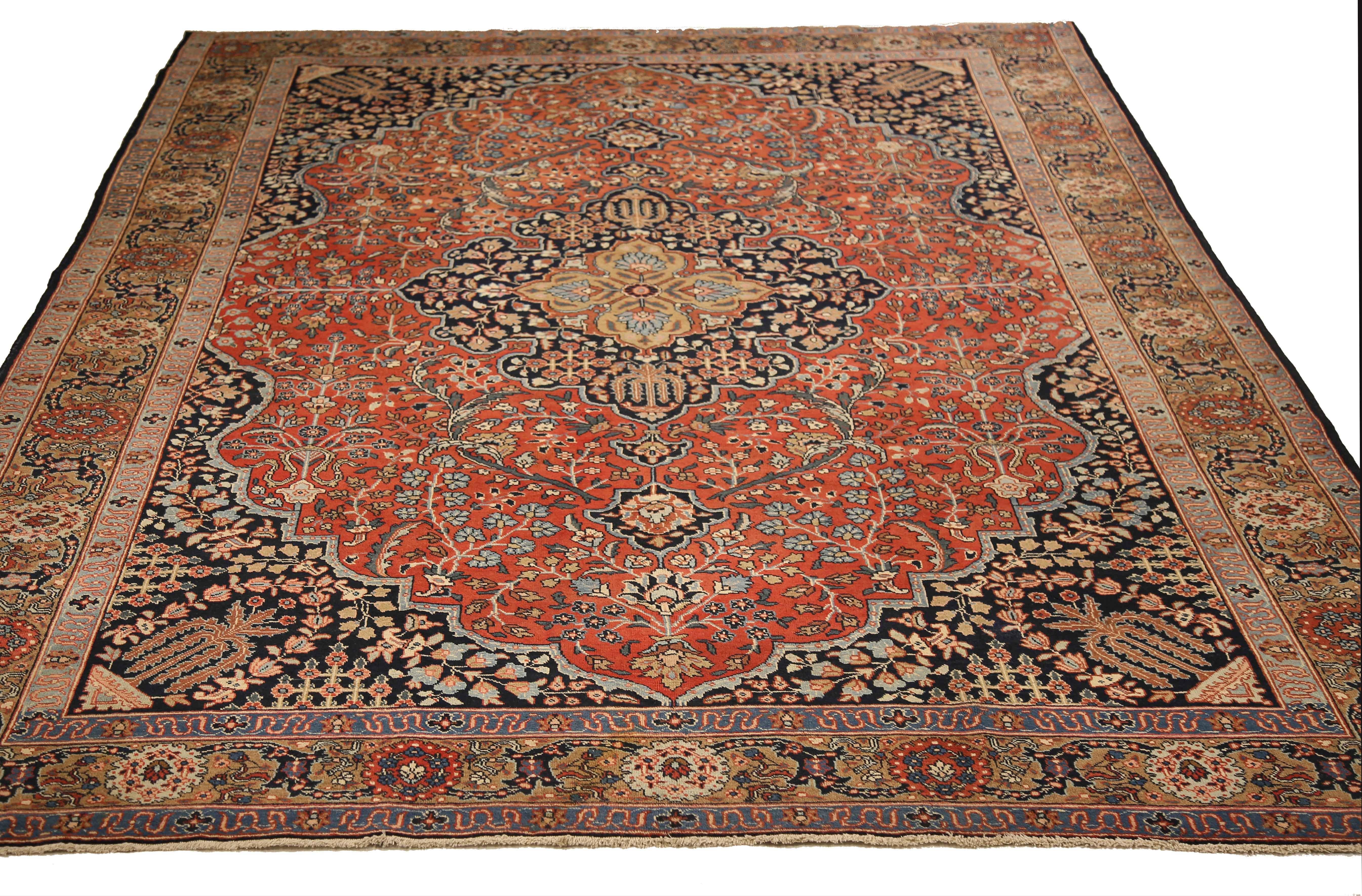 Oushak Antique Persian Tabriz Rug in Black & Red Floral Patterns on Beige Center Field For Sale