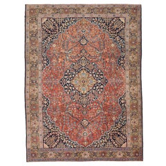 Vintage Persian Tabriz Rug in Black & Red Floral Patterns on Beige Center Field