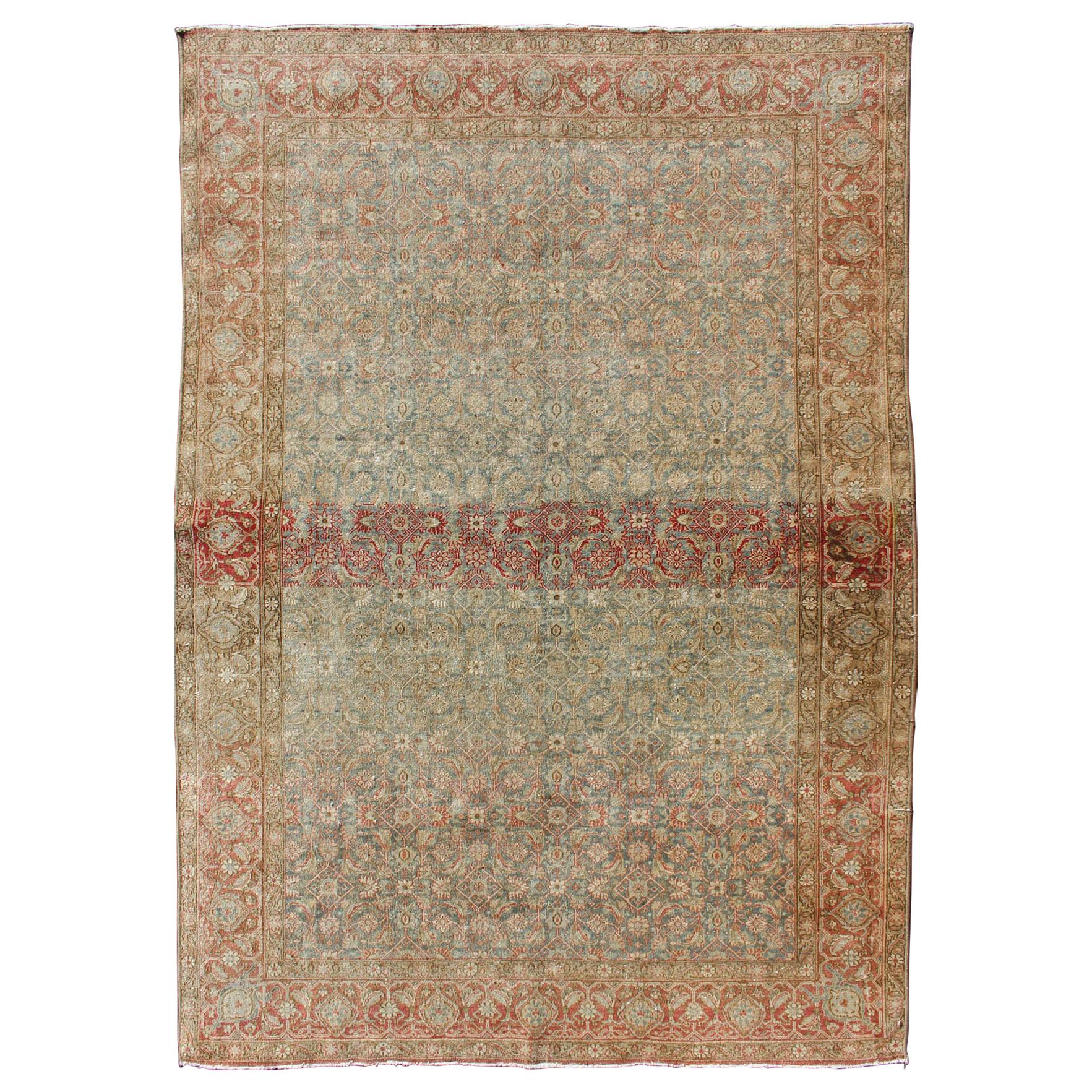 Antique Persian Tabriz Rug in Gray and Coral-Red