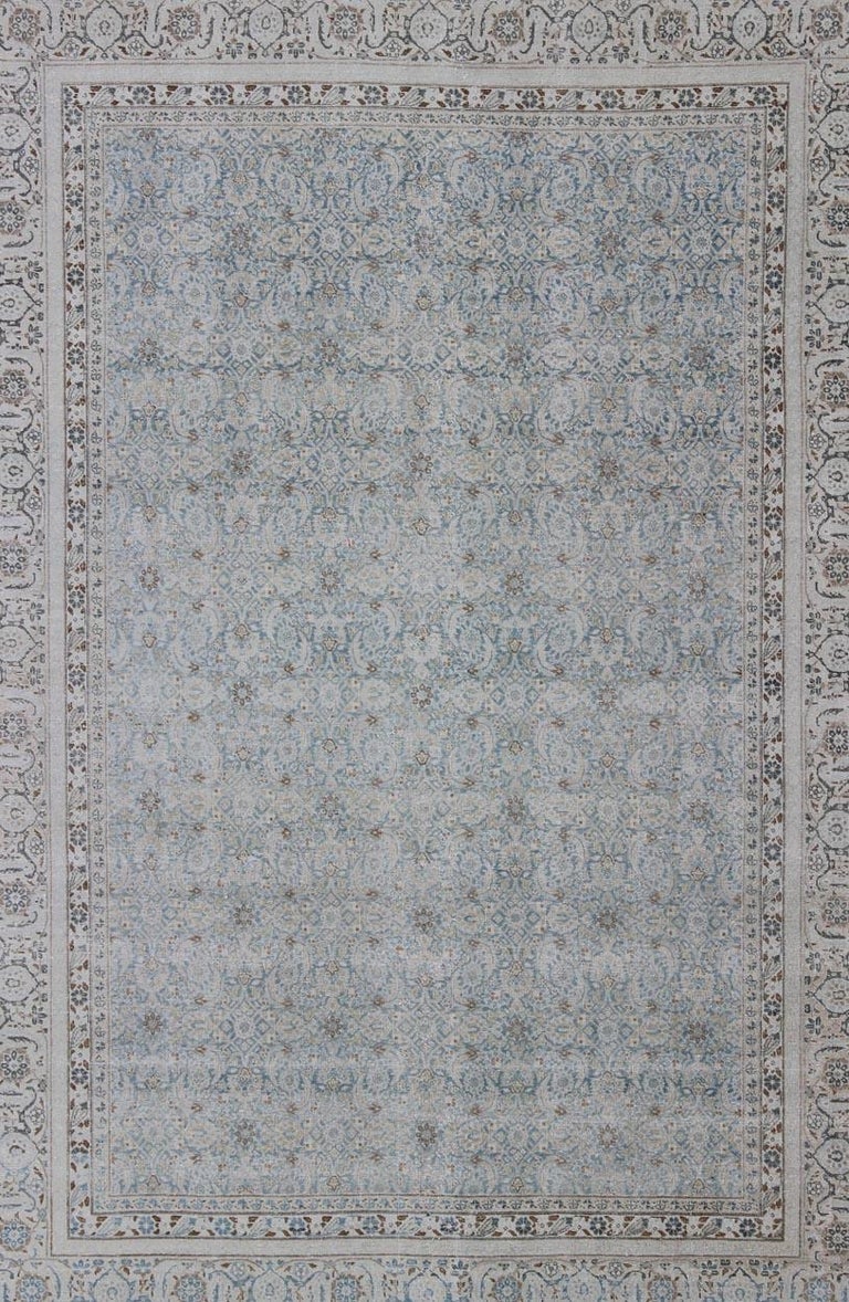 Antique Persian Tabriz Rug in Grays and Blues with AllOver Botanical